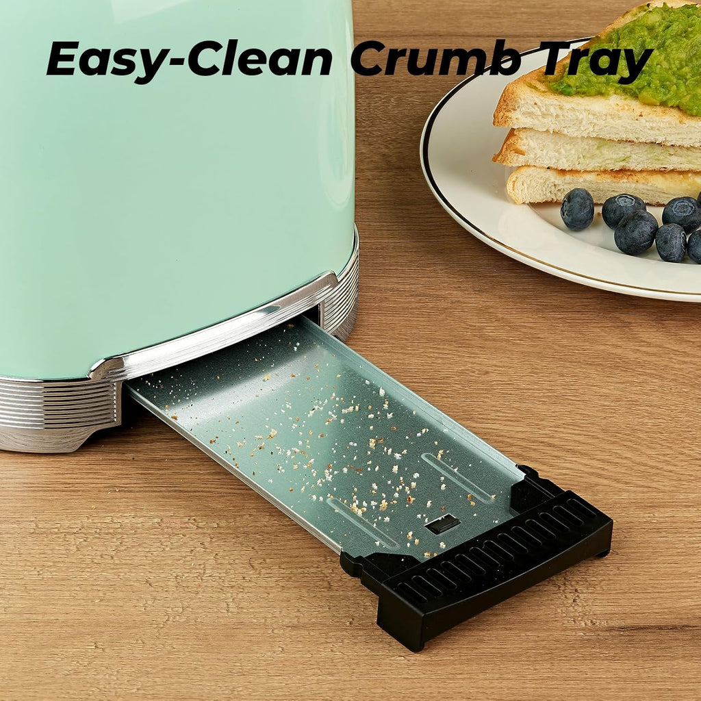 Toaster 2 Slice Retro Stainless Steel with 1.5” Extra Wide Slots Bagel, Defrost, Reheat, Cancel Functions, 6 Bread Shade Settings, Removable Crumb Tray, Aqua Green