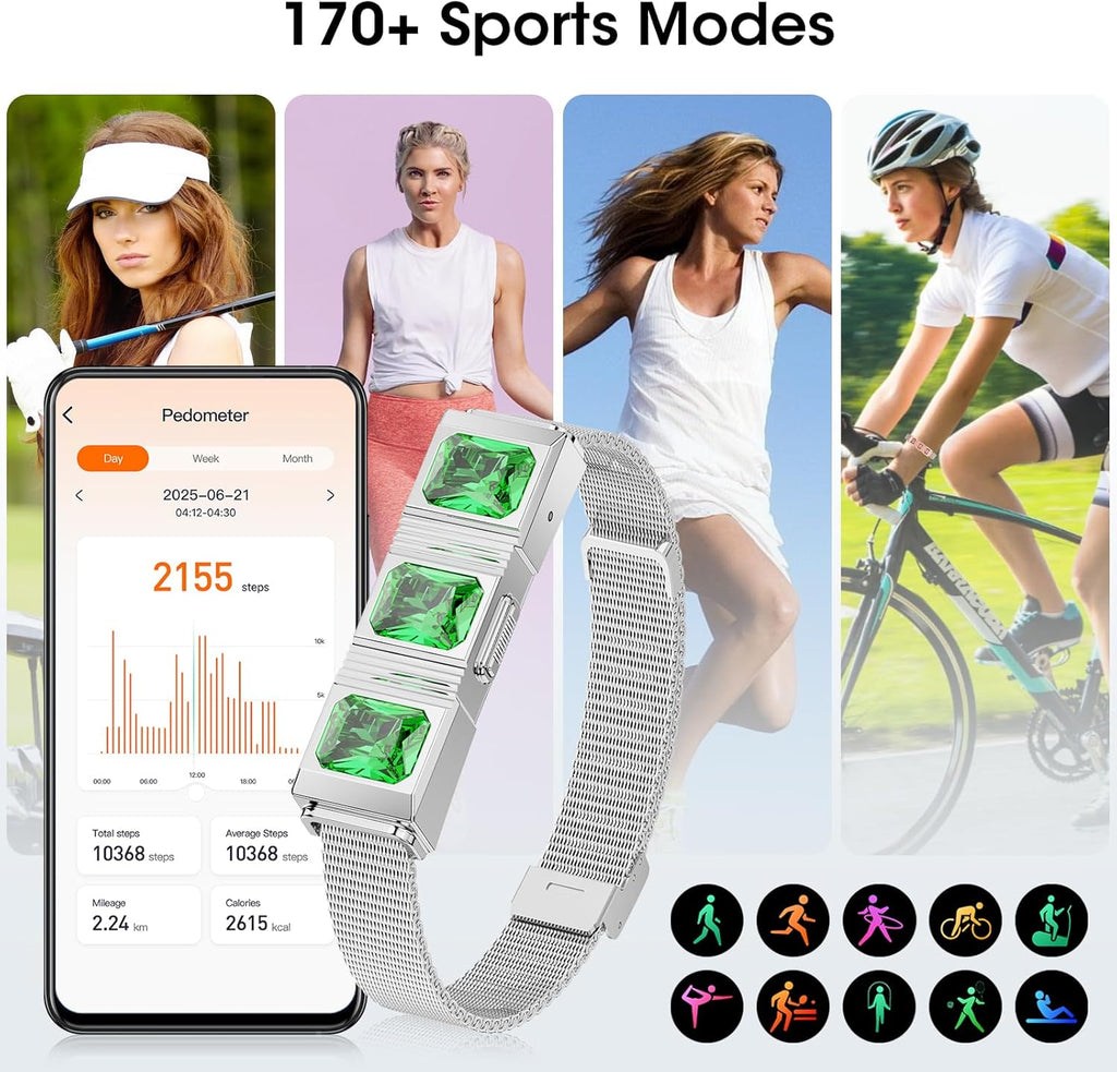 Mingtawn Women's Smart Bracelet with 2 Bands, Health Fitness Tracker, 24/7 Heart Rate/Blood Oxygen/HRV/Sleep Monitor, Fashion Emerald Wristband with Message/Call Reminder Free Subscription (Silver)