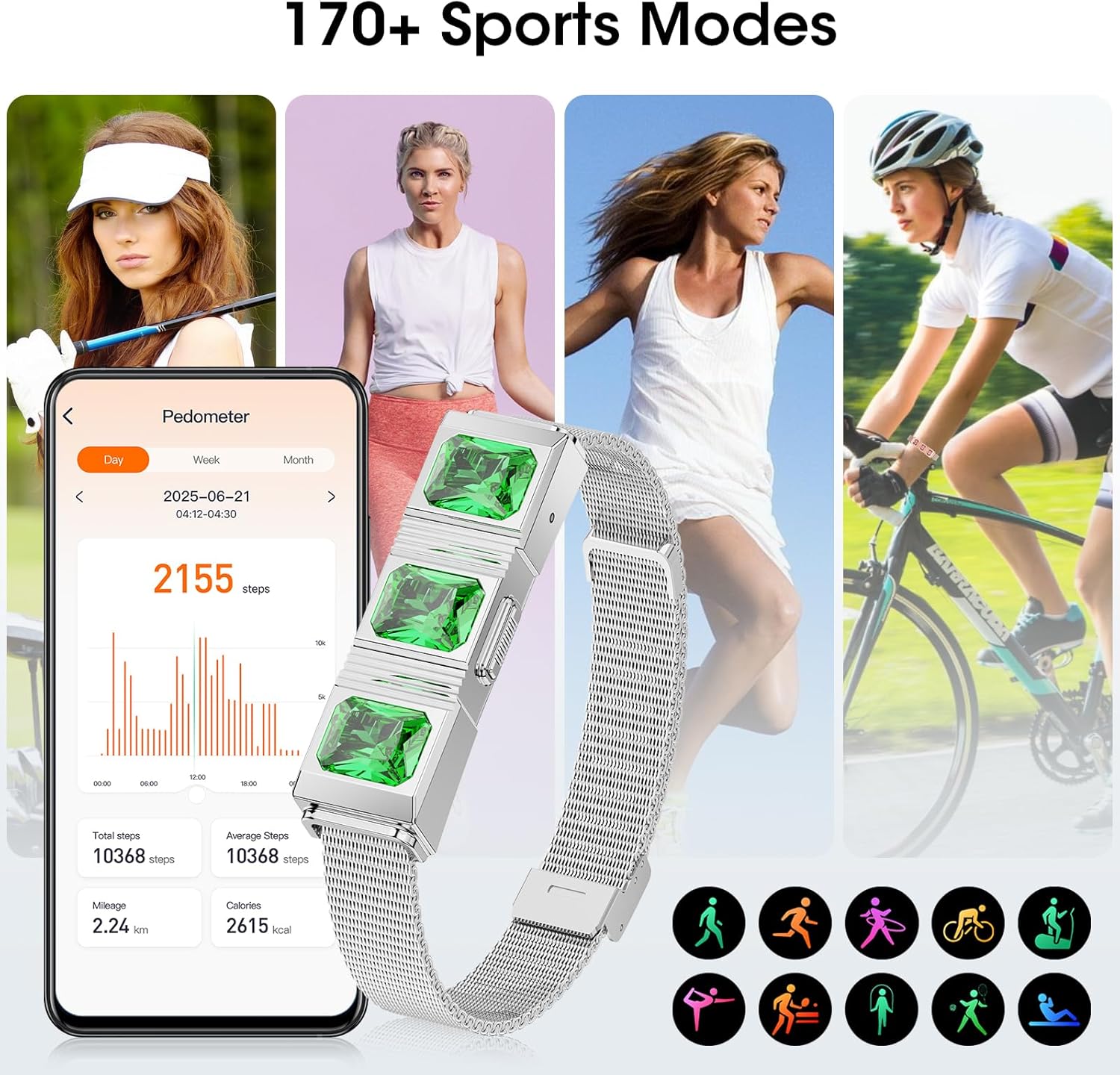 Mingtawn Women's Smart Bracelet with 2 Bands, Health Fitness Tracker, 24/7 Heart Rate/Blood Oxygen/HRV/Sleep Monitor, Fashion Emerald Wristband with Message/Call Reminder Free Subscription (Silver)