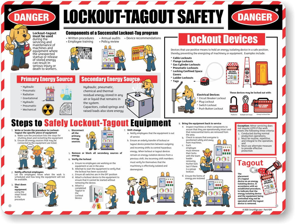 SmartSign 18 x 24 inch Lockout/Tagout Overview Safety Poster “Danger - Lockout/Tagout Safety, Components, Steps, Devices” 55 mil Tear-Resistant Plastic, Pre-Drilled Holes, Multicolor, Made in USA