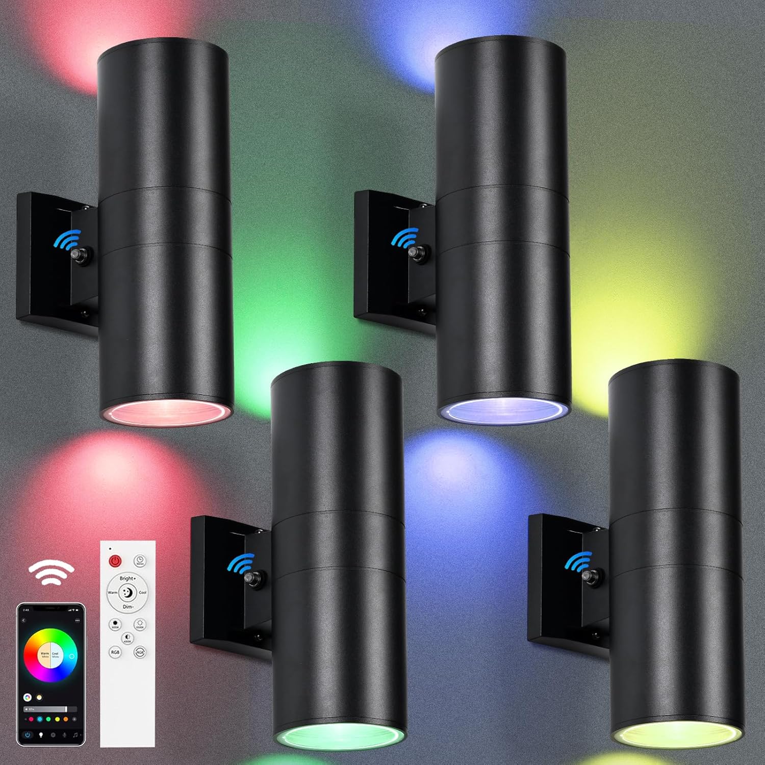 RGBCW Outdoor Wall Light 4 Pack, Smart Porch Light Dusk to Dawn Lighting with Remote Control, WiFi Outdoor Wall Sconce, Compatible with Alexa, Exterior Lights for House Porch Garage