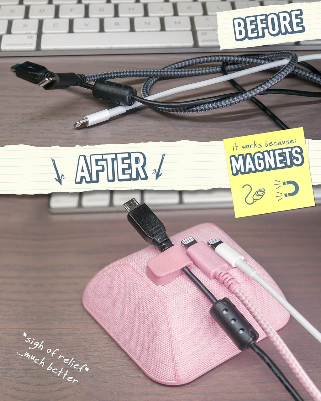 Smartish® Magnetic Cord Holder - Cable Wrangler Organizer Stocking Stuffer with Magnet Clips for Charger Management on Desktop, Nightstand for USB-C + Lightning - I'm Blushing
