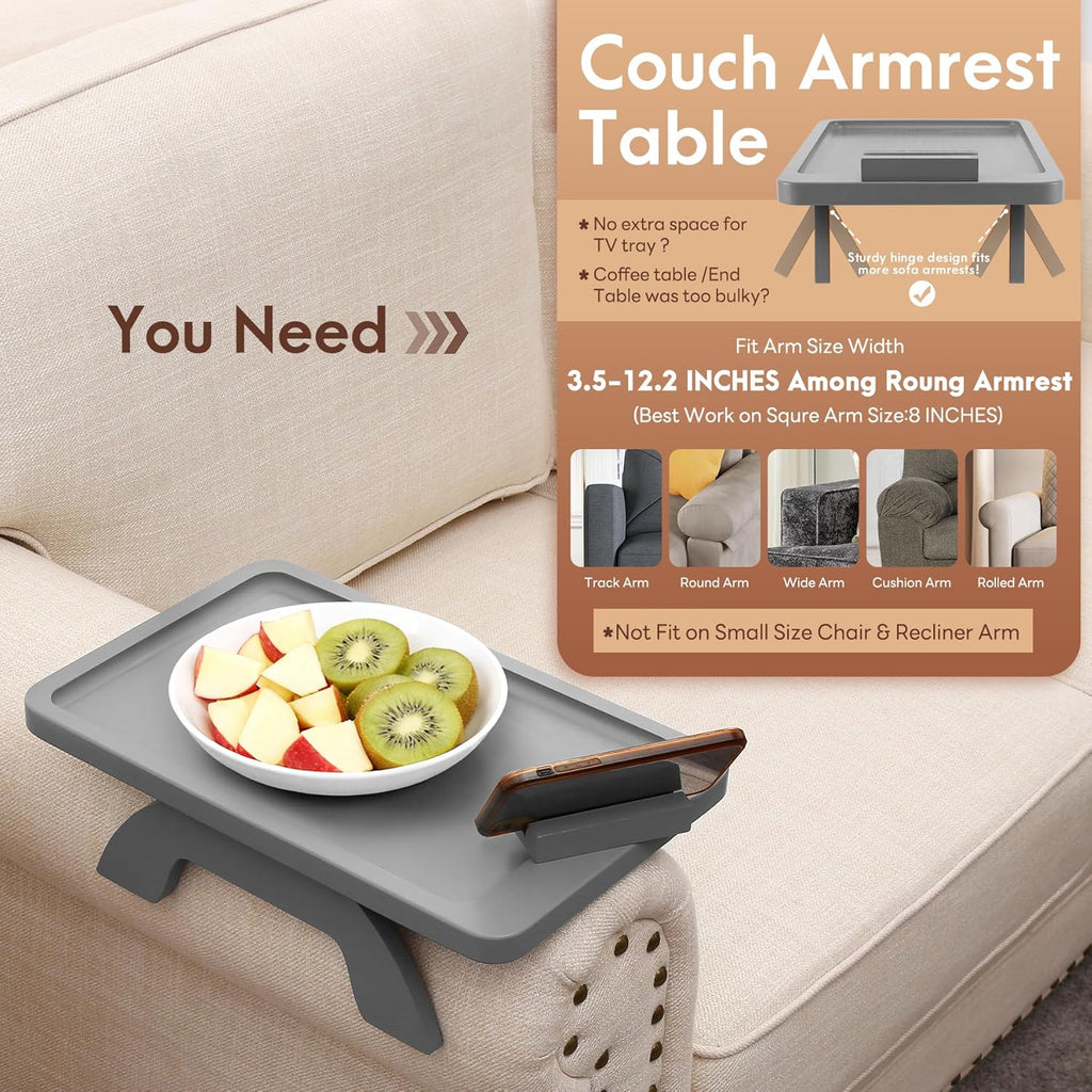 SINWANT Couch Armrest Table,Bamboo Couch Arm Table 360° Phone Holder,Foldable Sofa Arm Tray for Eating Drinking Snacks Remote on Chair Armrest