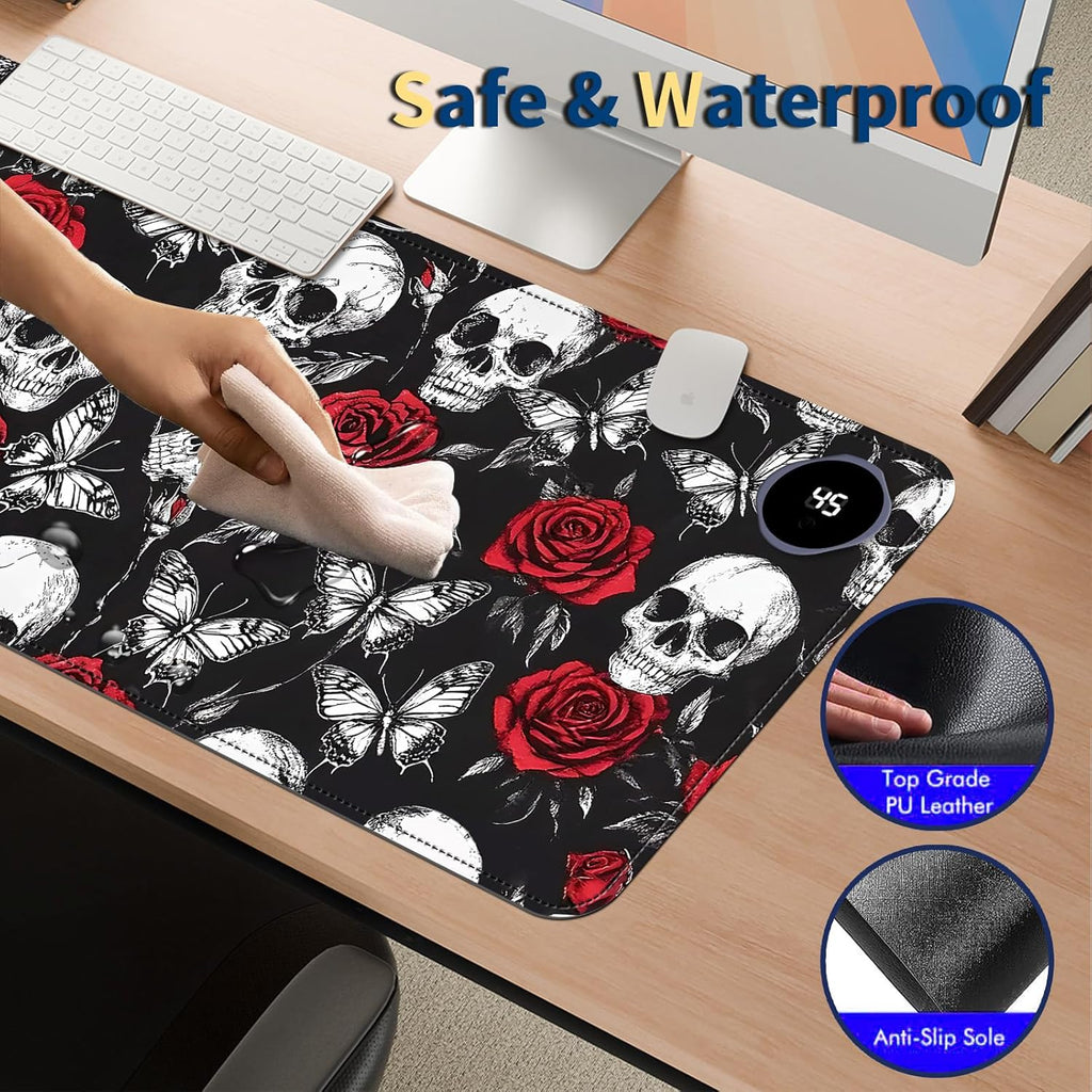 Heated Mouse Pad with 3 Temperature Settings(104°F–122°F),Large 31.5x13 Inch PU Leather Heated Desk Mat,Waterproof Warming Pad for Office,Gaming & Cold Hands Relief,Skeleton Skull Rose