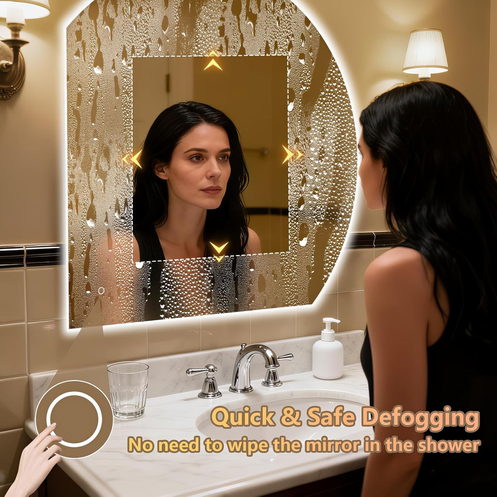 Niccy Half Moon LED Mirror for Bathroom, 28" Backlit + Front Lit Lighted Semi Round Makeup Mirrors for Wall, Anti-Fog, Dimmable 3-Colors, Memory Function, Shatterproof Smart Vanity Mirror