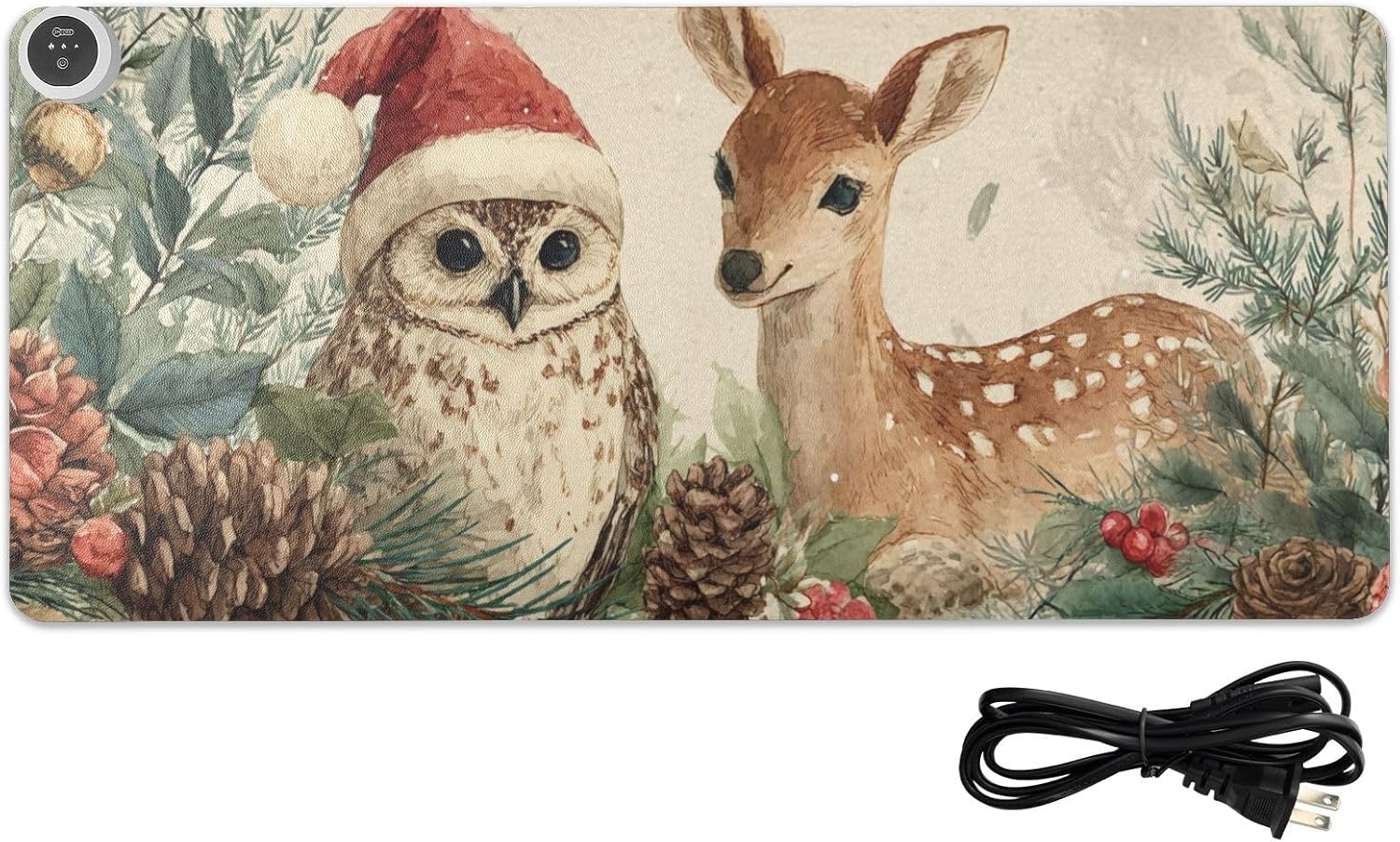 Heated Desk Pad Mouse Pad 31.5x13 Inch PU Leather Desk Mat with 3 Heat Levels Large Mouse Gaming Computer Laptop Mat Beige Christmas Owl Deer Pinecorns