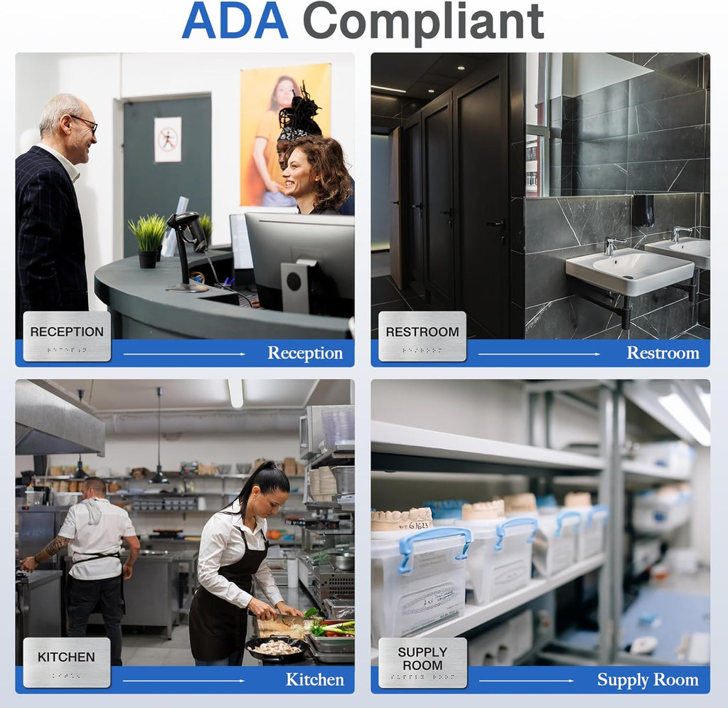 RESTROOM Signs with Raised Text & Grade 2 Braille, Brushed Aluminum/Silver Finish Easy Install with Double-Sided Tape, ADA Compliant Conference Room Office Door Sign