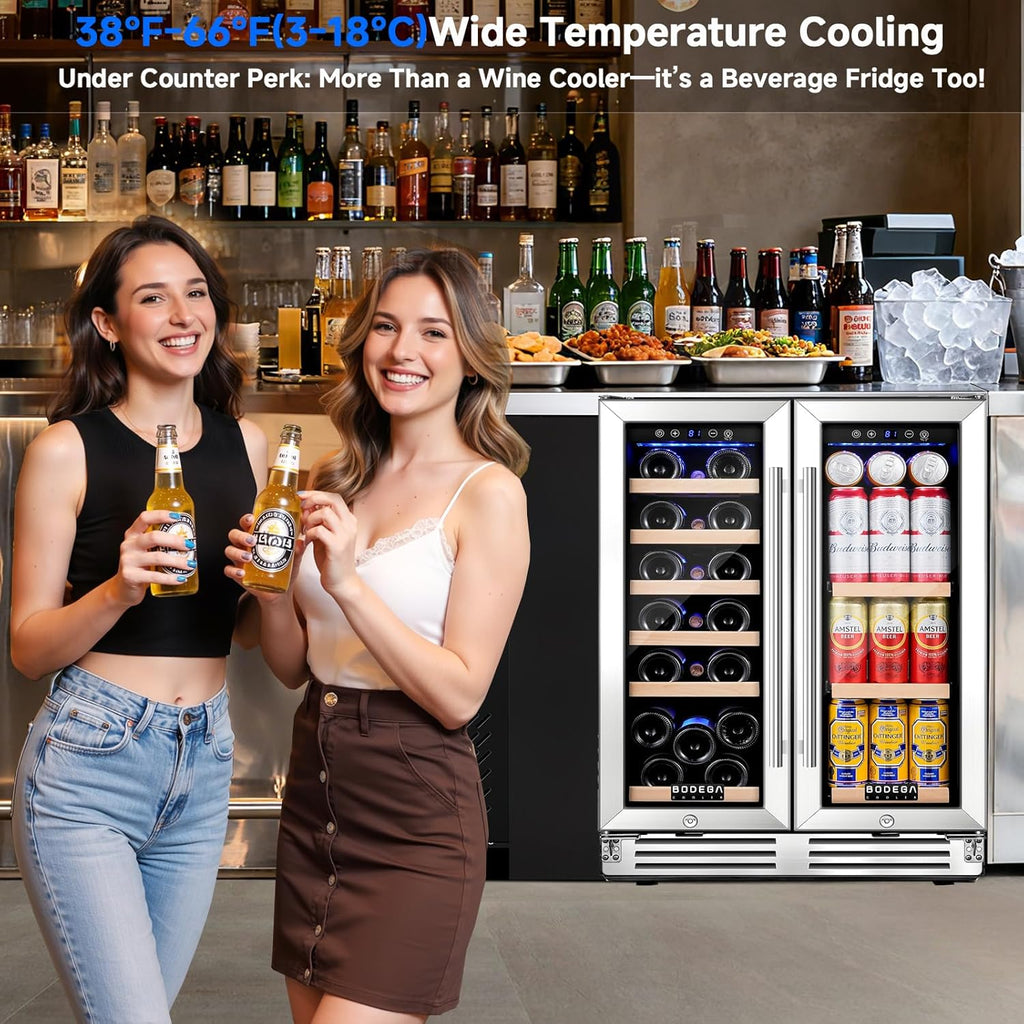 BODEGA 24 Inch Wine and Beverage Refrigerator, Dual Zone Wine and Bar Beverage Cooler, Commercial Black Bar Cooler With 2 Glass Doors, Bar Fridge Hold 19 Bottles and 57 Cans,Built-In or Freestanding.