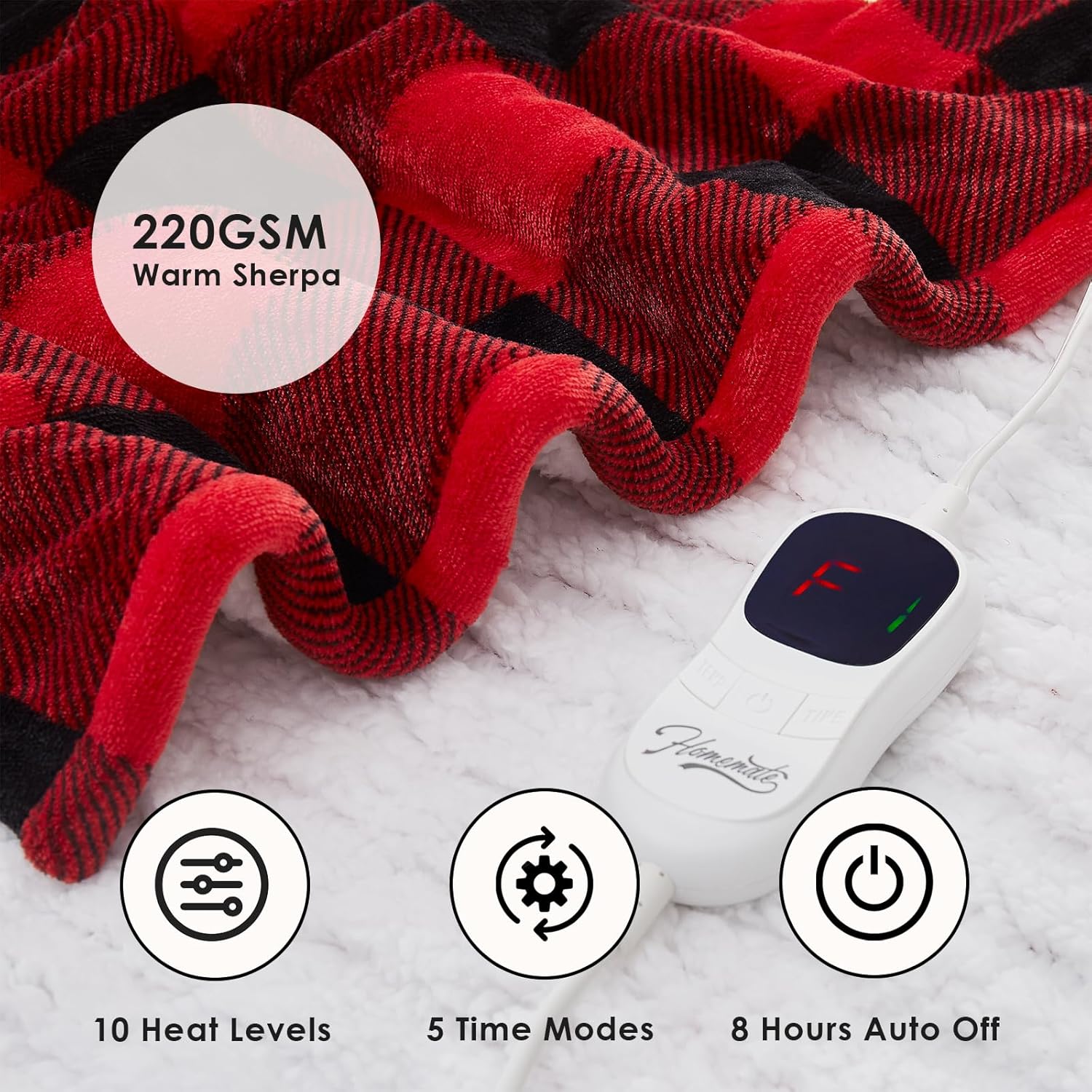 HomeMate Electric Blanket Heated Full Size - 72“x84“ Ultra Soft Cozy Flannel Heating Blanket with 10 Fast Heat Levels 8 Hours Auto Off Over-Heated Protection ETL Certification Keep Warm in Home Office
