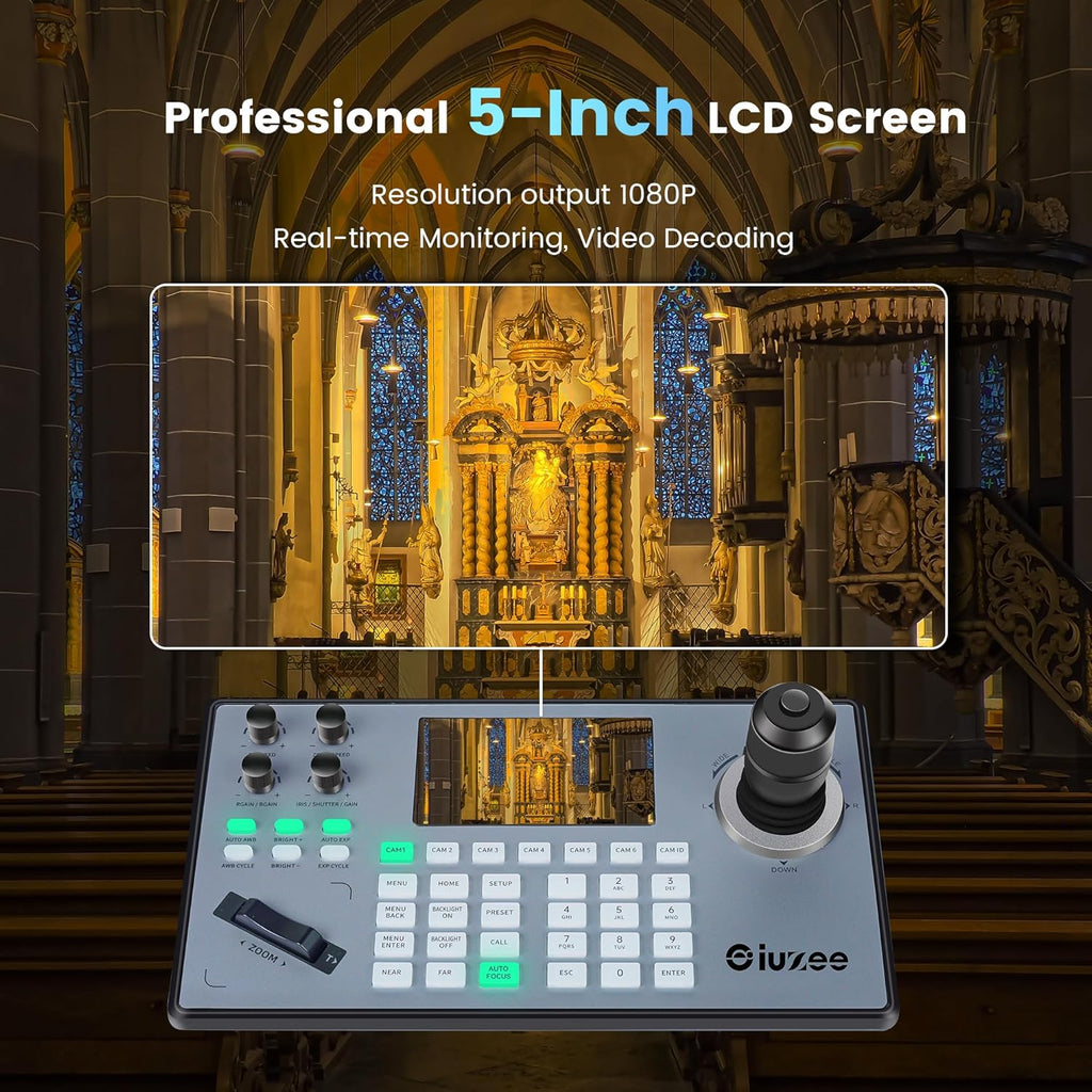 iuZee PTZ Camera Controller 4D Joystick PoE IP PTZ Keyboard with Controller 5" LCD Screen Preview, Support VISCA PELCO-P PELCO-D RS422 RS485 RS232 RJ45, for Live Streaming Meeting/Church Service/Education