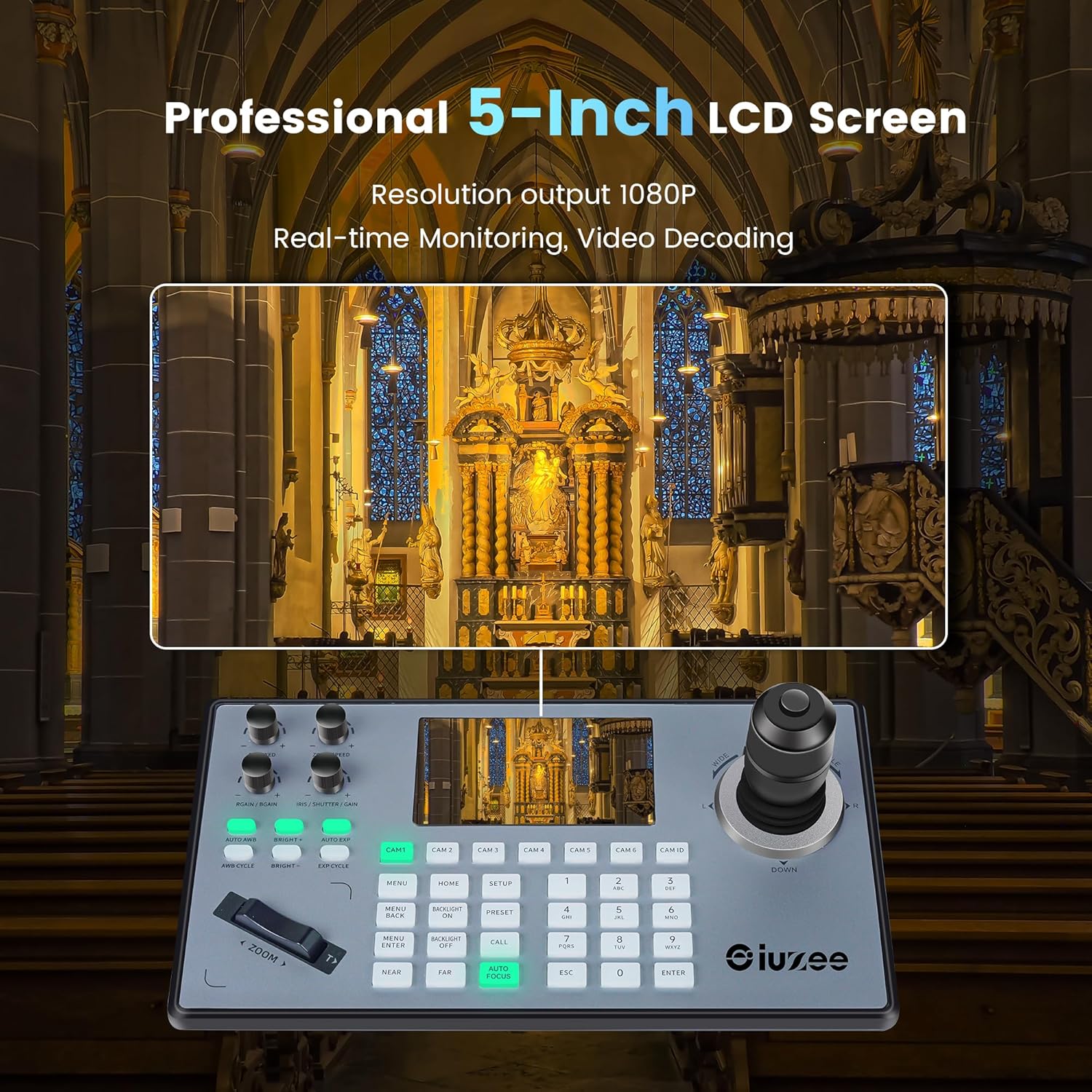 iuZee PTZ Camera Controller 4D Joystick PoE IP PTZ Keyboard with Controller 5" LCD Screen Preview, Support VISCA PELCO-P PELCO-D RS422 RS485 RS232 RJ45, for Live Streaming Meeting/Church Service/Education