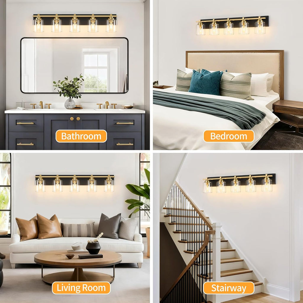 5 Light Modern Bathroom Light Fixtures Over Mirror, Black Gold Vanity Lights for Bathroom Wall Sconces with Clear Glass Shades, E26 Socket (Bulbs Not Included)