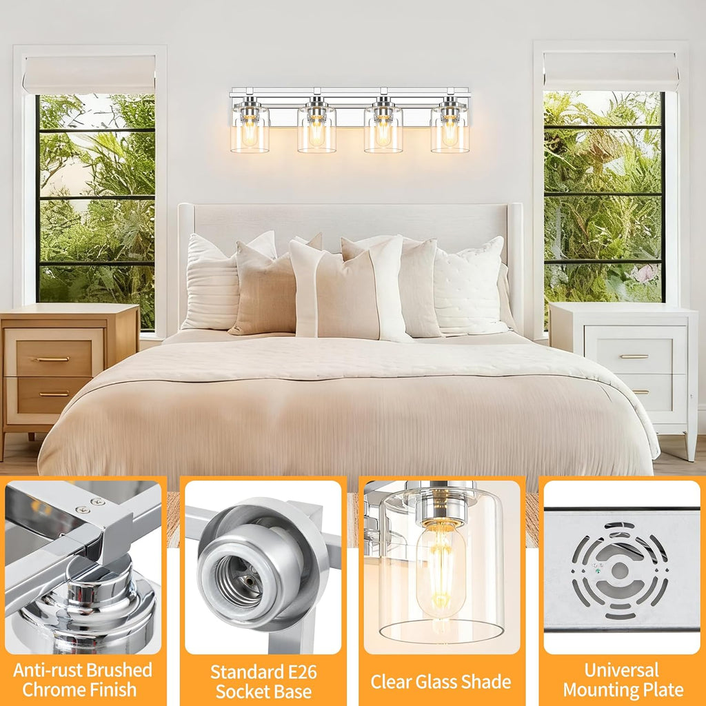 4 Light Modern Bathroom Light Fixtures Over Mirror, Chrome Vanity Lights for Bathroom Wall Sconces with Clear Glass Shades, E26 Socket (Bulbs Not Included)