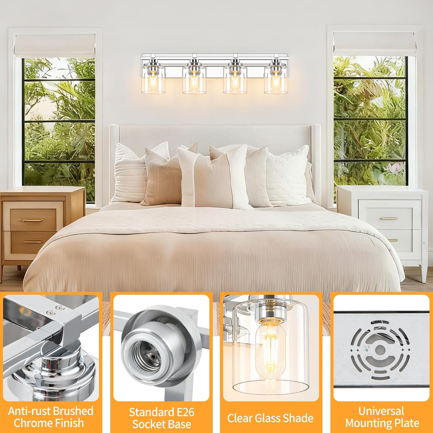 4 Light Modern Bathroom Light Fixtures Over Mirror, Chrome Vanity Lights for Bathroom Wall Sconces with Clear Glass Shades, E26 Socket (Bulbs Not Included)