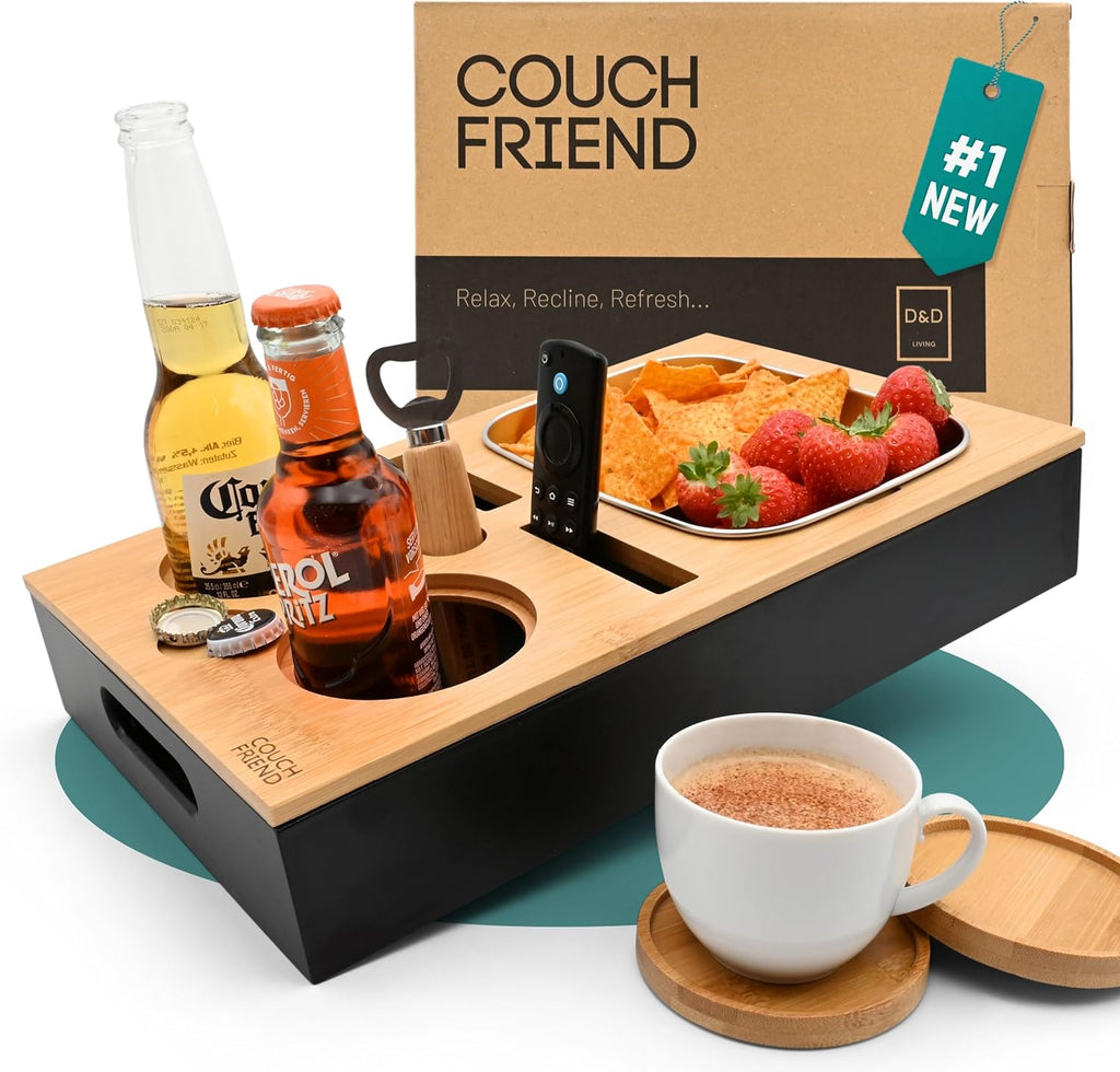 D&D Living® Couch Caddy - Bamboo Couch Console | Anti-Spill Drink and Cup Holder | Snack Organizer Tray for Sofa with Bottle Opener