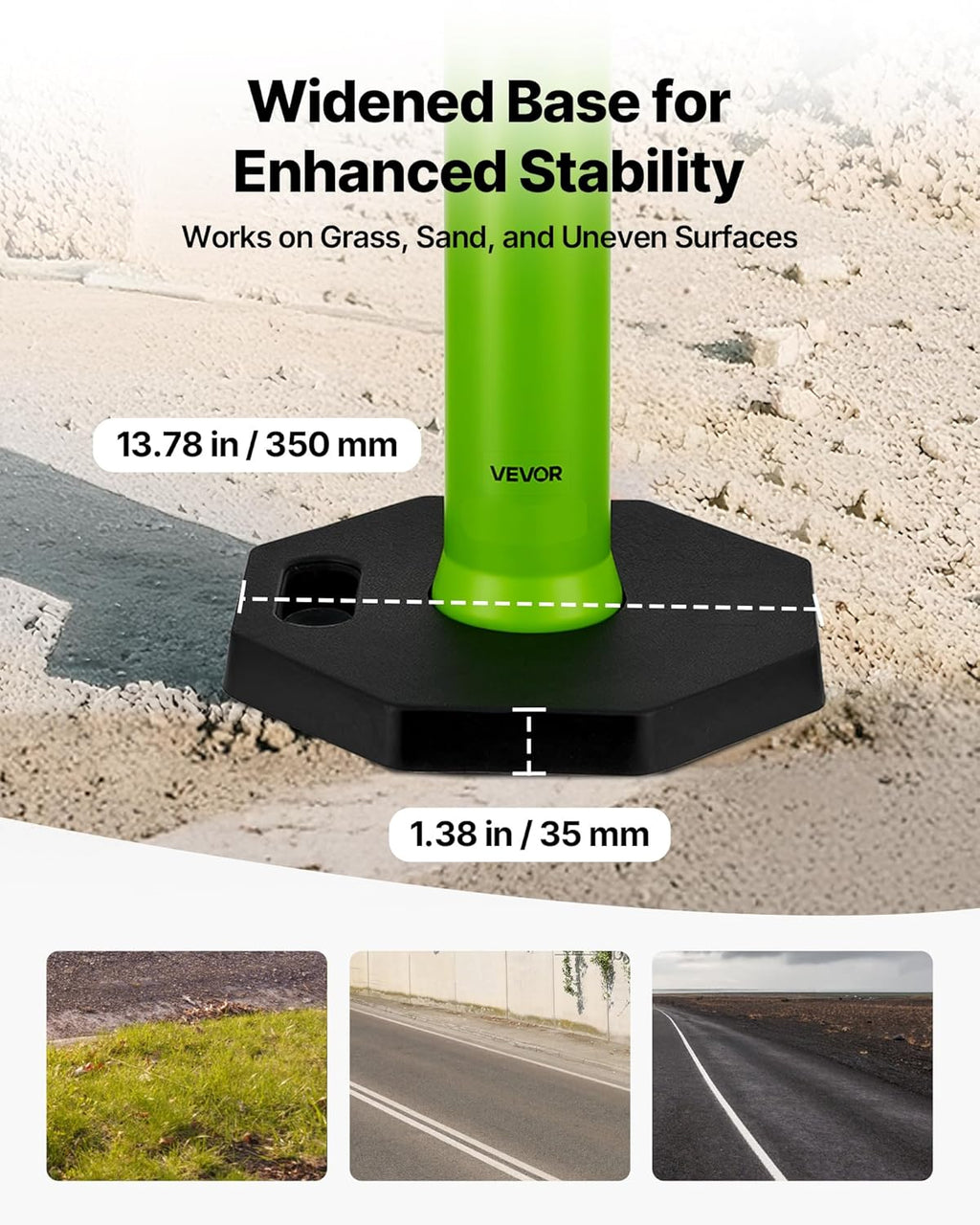 VEVOR 3 Pack Traffic Delineator Posts, 48 inches Traffic Safety Cones with Weighted Base and Reflective Strips, Heavy Duty Delineator Posts for Construction Site, Parking Lot, Crowd Control, Green
