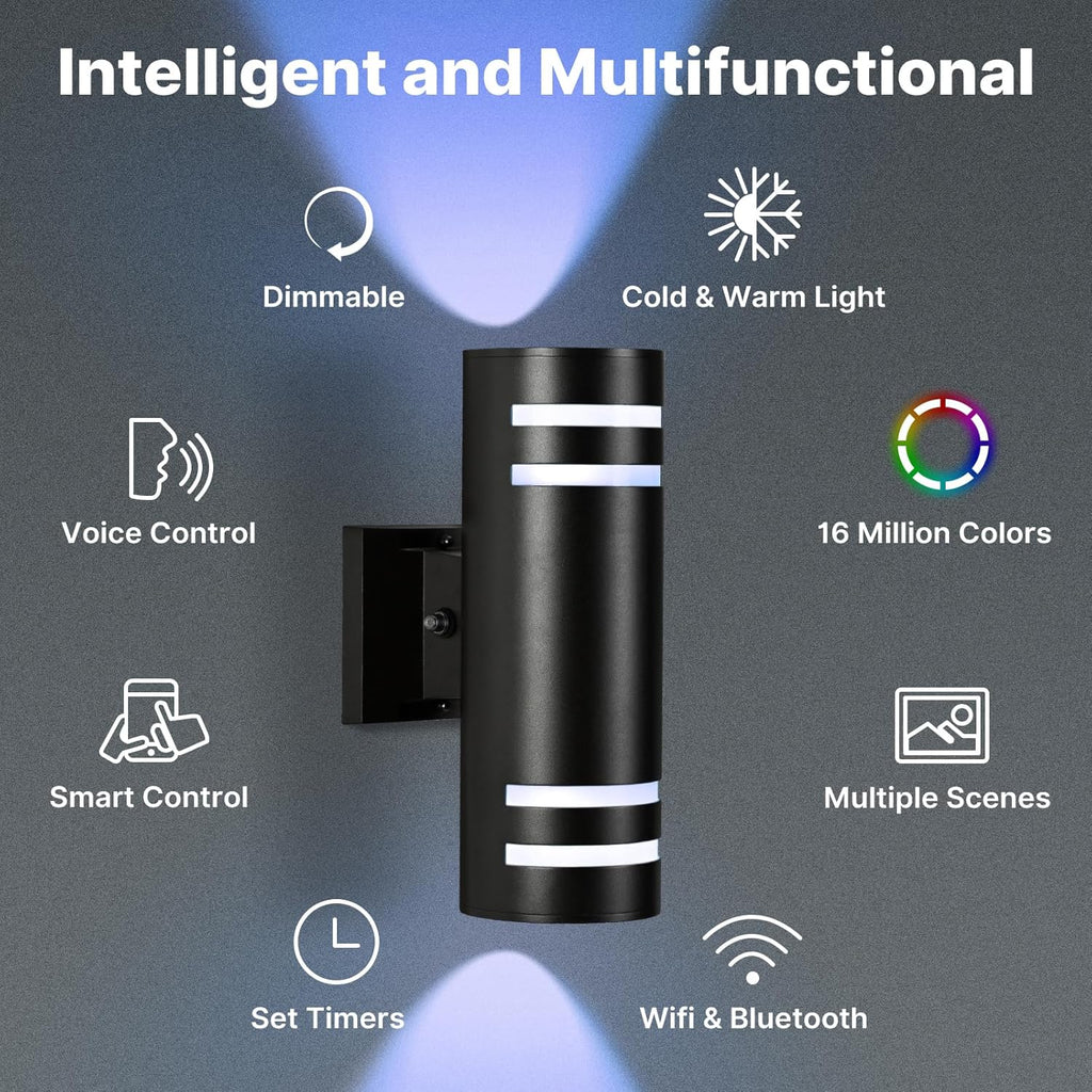 RGB Up and Down Lights Outdoor Wall Lights 1 Pack, Smart Color Changing Outdoor Wall Sconce WiFi Voice & App Control,Aluminum Waterproof Exterior Lights for Porch Compatible with Alexa
