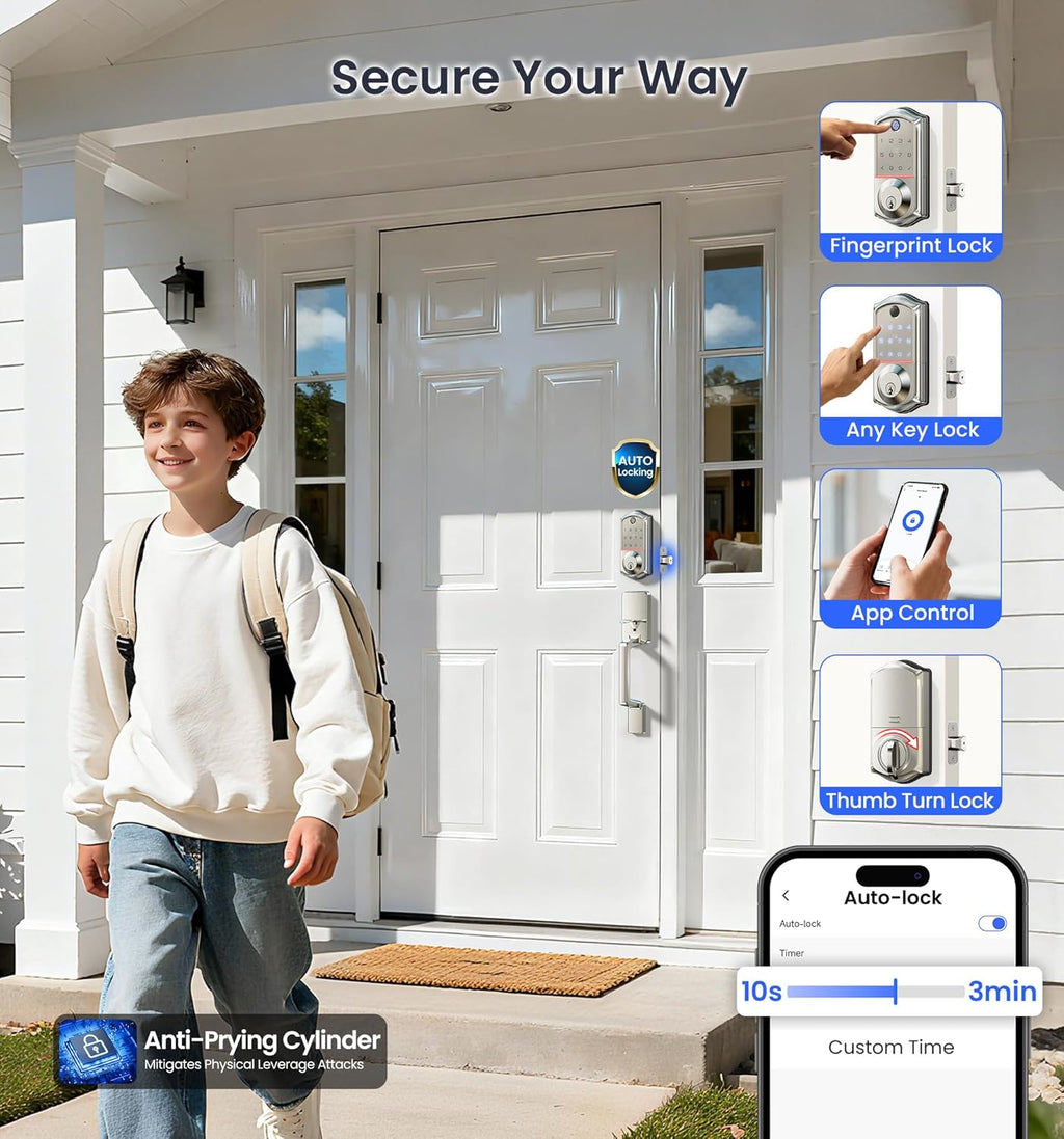 Veise VE017-D Fingerprint Smart Front Door Lock Set, App Control, 8-in-1 Keyless Entry Deadbolt with Lever Handle, Emergency Power Port, Auto Lock, Touchscreen Keypad, Easy Install, Satin Nickel