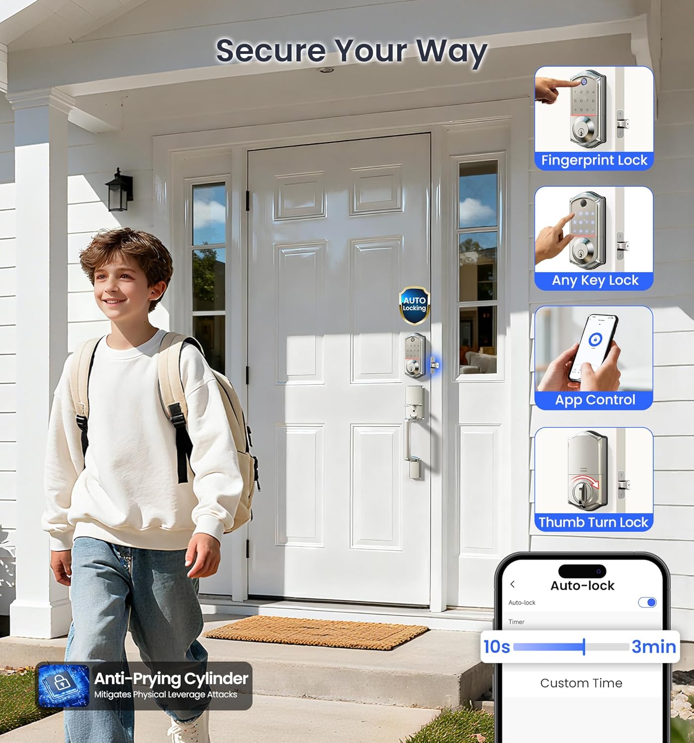 Veise VE017-D Fingerprint Smart Front Door Lock Set, App Control, 8-in-1 Keyless Entry Deadbolt with Lever Handle, Emergency Power Port, Auto Lock, Touchscreen Keypad, Easy Install, Satin Nickel