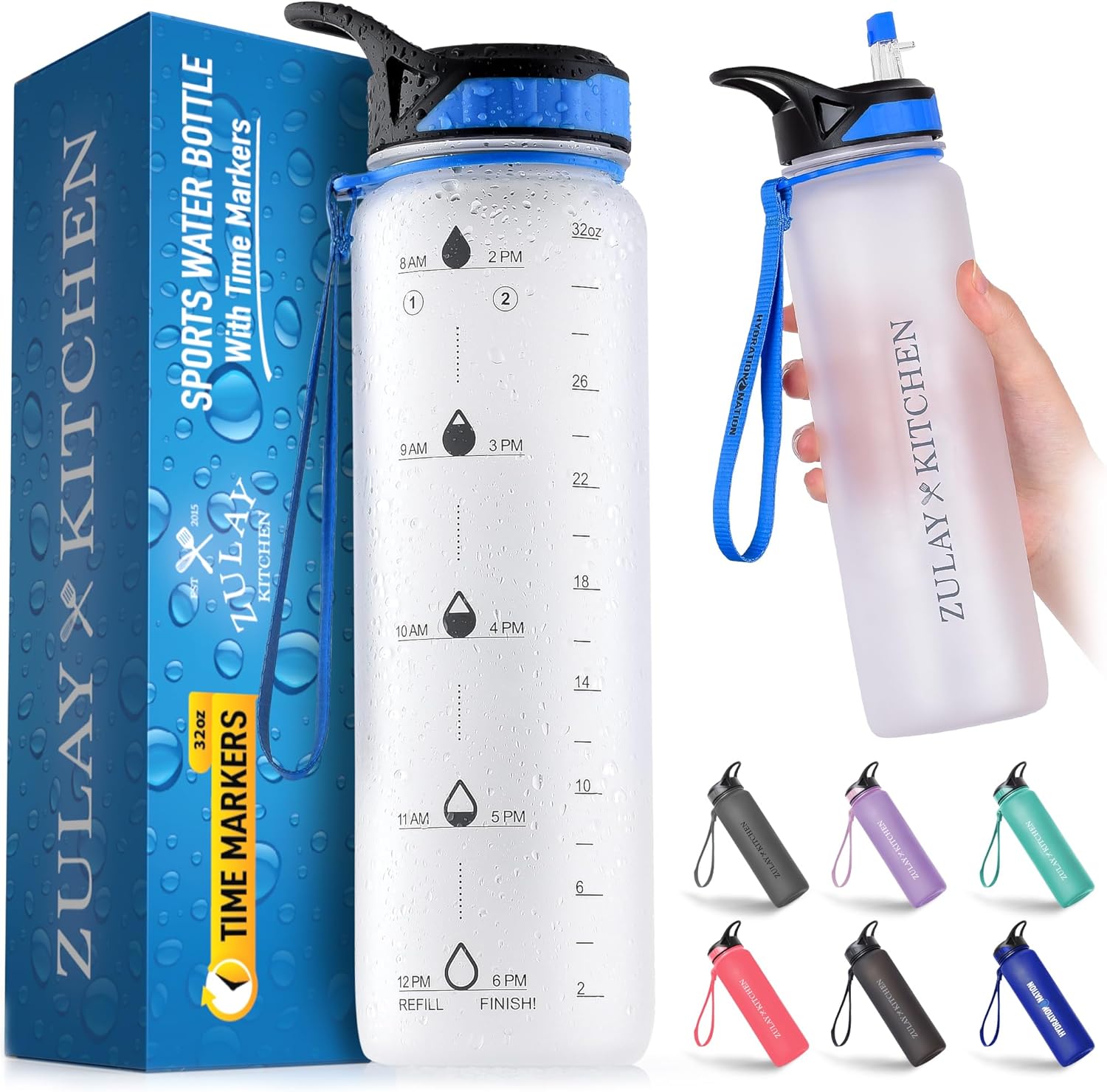Hydration Nation (32oz Water Bottle With Time Marker - Leak Proof Water Bottles With Times To Drink For Fitness & Sports - 32oz Water Bottle With Straw For Drinking - Water Tracker Bottles (White)