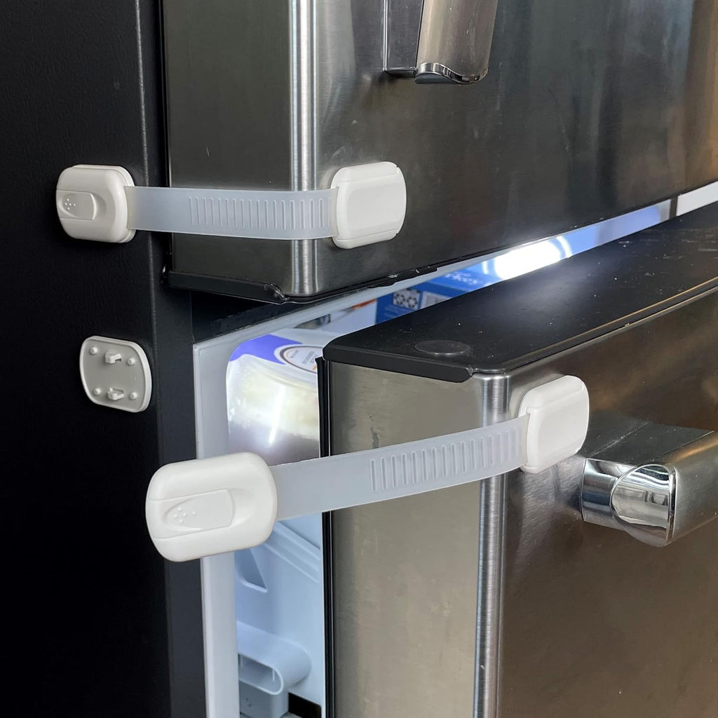Vmaisi Baby Proofing Cabinet Locks - Childproofing Adjustable Multi Use Straps Latches for Drawers, Fridge, Dishwasher, Toilet Seat, Cupboard, Closet, Oven,Trash Can, Adhesive No Drilling (White) (4)