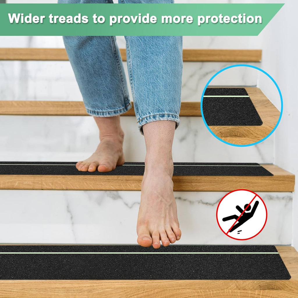 15-Pack Anti Slip Traction Tape 24" x 6" Best Grip Tape Grit with 6mm/0.24" Glow in Dark Stripe High Traction Friction Abrasive Adhesive for Indoor/Outdoor Stairs[Black+Green]