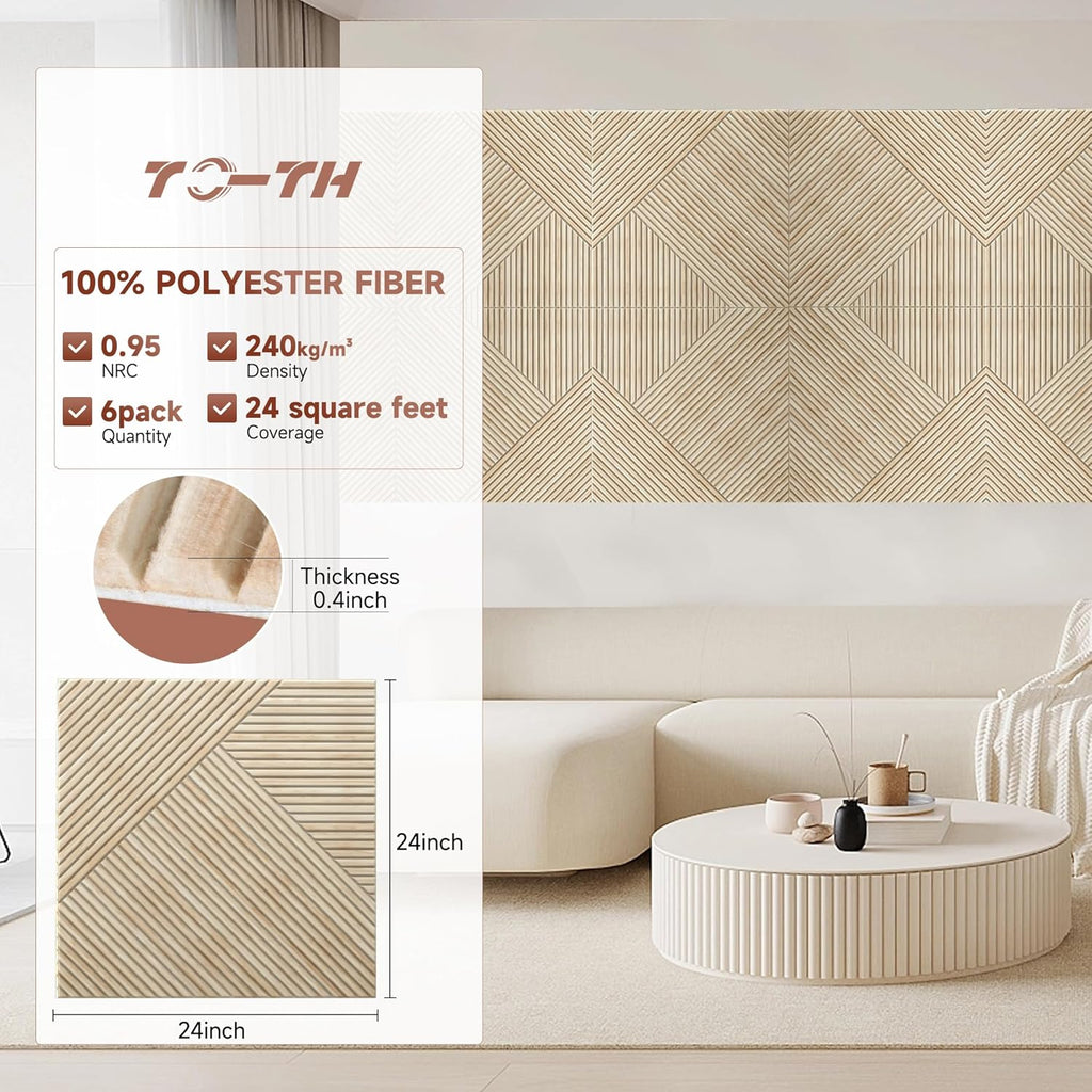 TO-TH Acoustic Panels for Wall and Ceiling - 6 Pack 2'x2'x0.4,Self-Adhesive 3D UV Printing Decorative Wall Panels with Wood Look,Rustic Oak