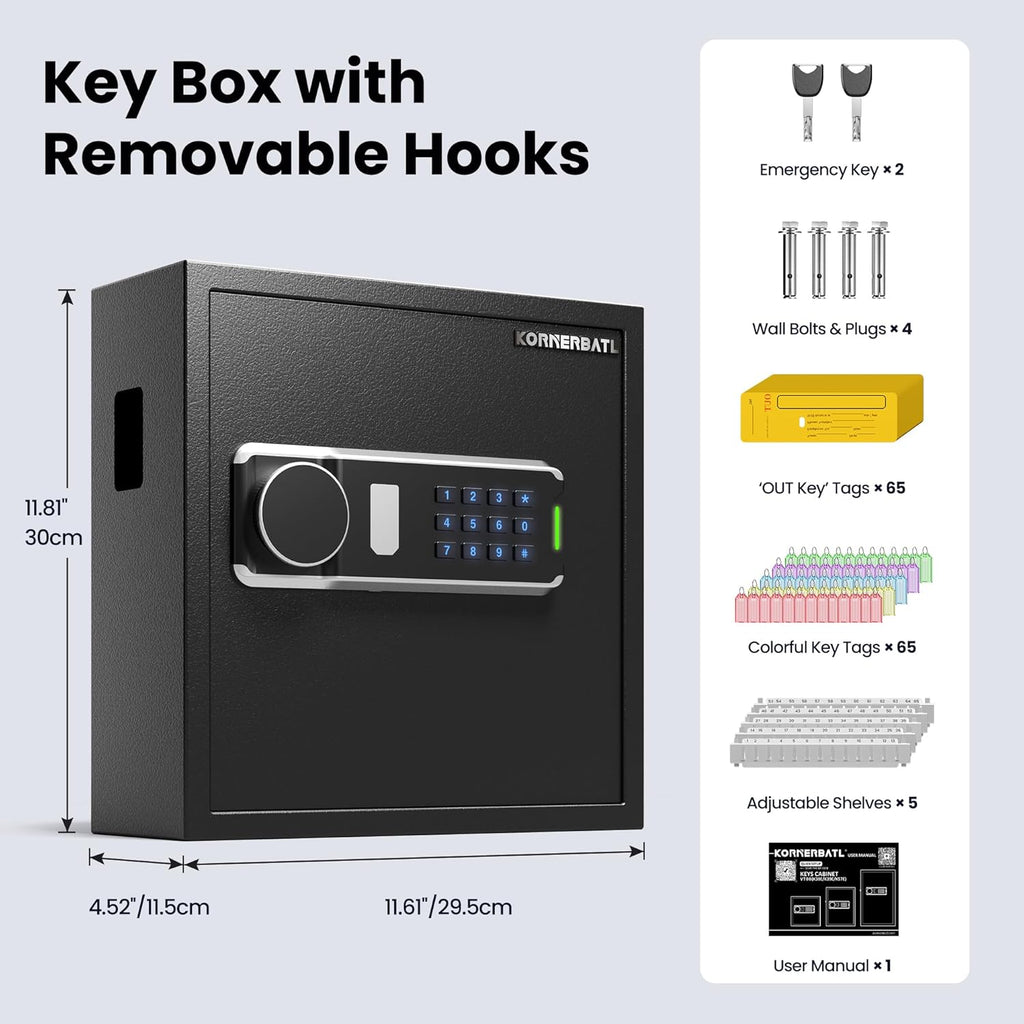 Heavy Duty 64 Keys Electronic Key Lock Box Wall Mount with Code, Key Cabinet with Deposit Key Slot, Adjust Key Organizer with Led Light