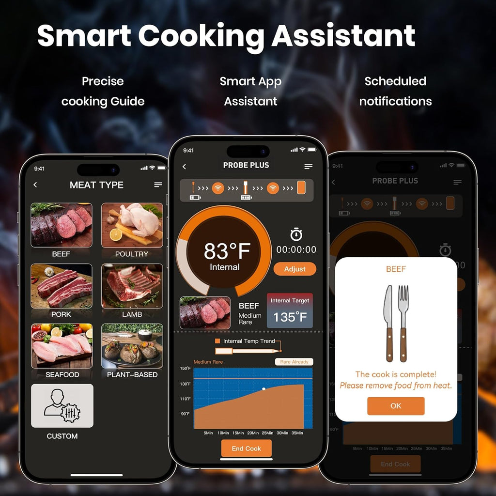 Smart Wireless Meat Thermometer | 4 Probes | Upgraded large LCD Display | Accurate & Stable | long-range Bluetooth App or Host Control for iOS & Android |BBQ,Oven,Grill,Smoker,Air Fryer,Sous Vide