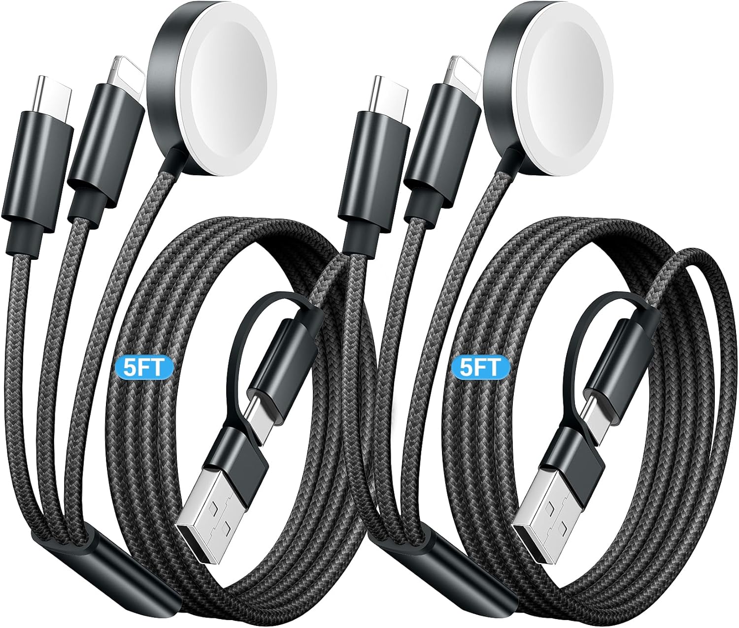 Temdan 2Pack for Apple Watch Charger, 3 in 2 Multi Charging Cable, iPhone Charger, USB A/Type C/Lightning Cable, Portable Travel Essentials Designed for iWatch Ultra/SE/11-1 & iPhone 17-12/ iPad-5Ft