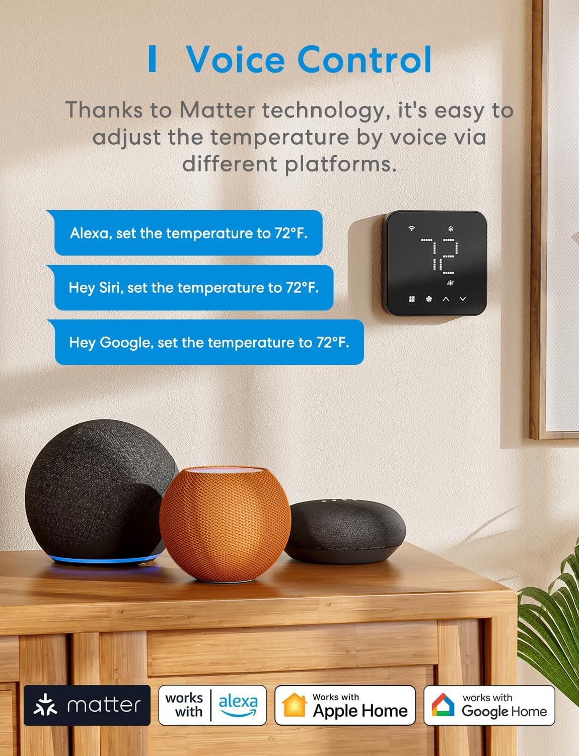 meross Smart Thermostat for Home, WiFi Thermostat Works with Matter, Alexa, Apple Home, Google Assistant, App & Voice Control, 7x24h Scheduling, Energy Saving, C-Wire Required