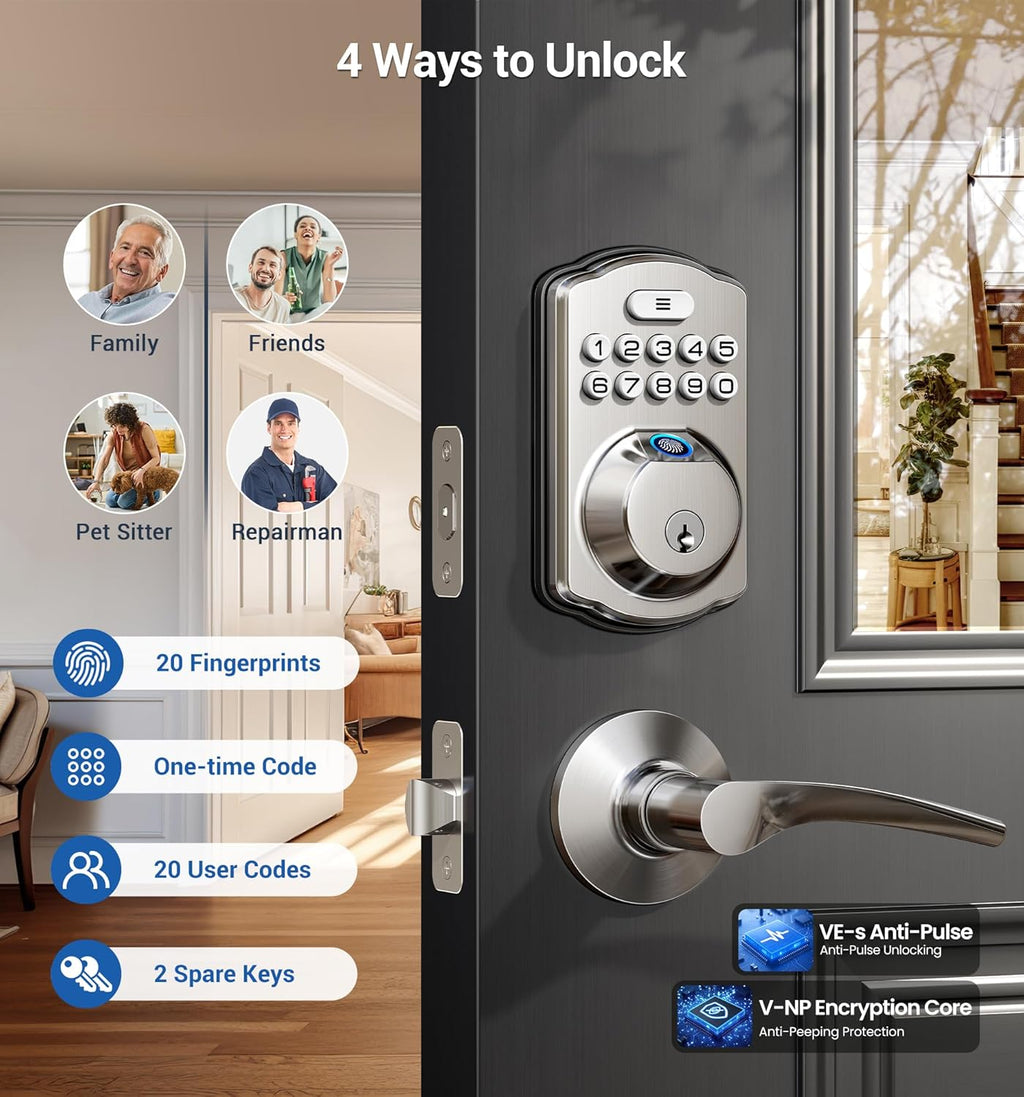 Veise Fingerprint Door Lock with 2 Lever Handles - Keyless Entry Door Lock, Electronic Keypad Deadbolt, Digital Smart Code & Front Handle Sets, Auto-Locking, Easy Installation, Satin Nickel