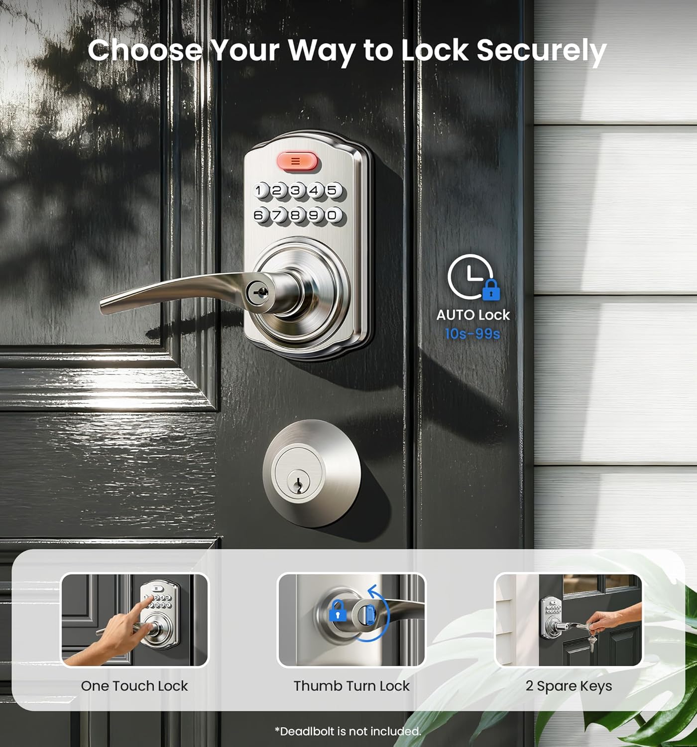 Veise Keypad Door Lock with Handle, Keyless Entry for Front Door & Bedroom, Electronic Lock with Code, Auto-Locking, Easy Installation, Passage Mode, Satin Nickel