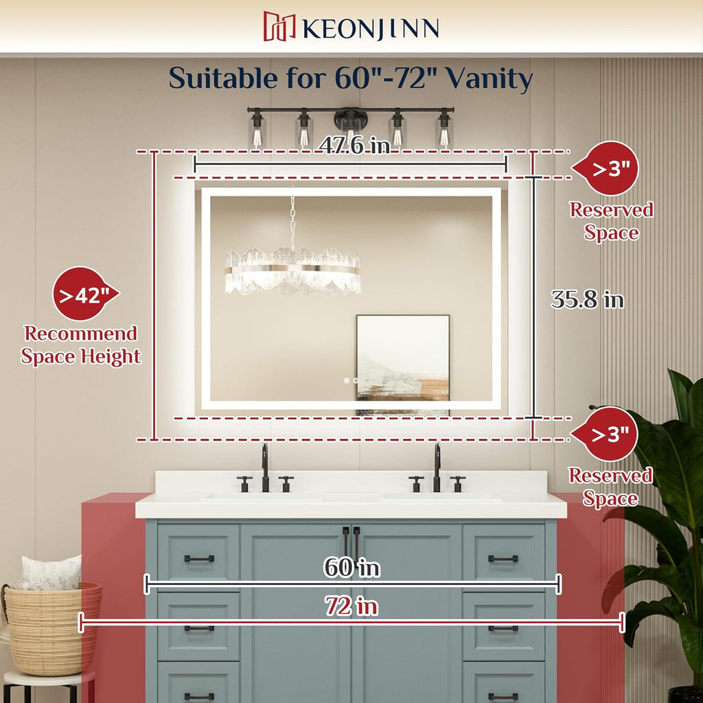 Keonjinn 48" x 36" Lighted Mirror for Bathroom Wall, LED Mirror with Frontlit & Backlit, Bathroom Mirror with Lights, Dimmable 3-Color Lights, HD Tempered Glass, UL-Listed LED Driver