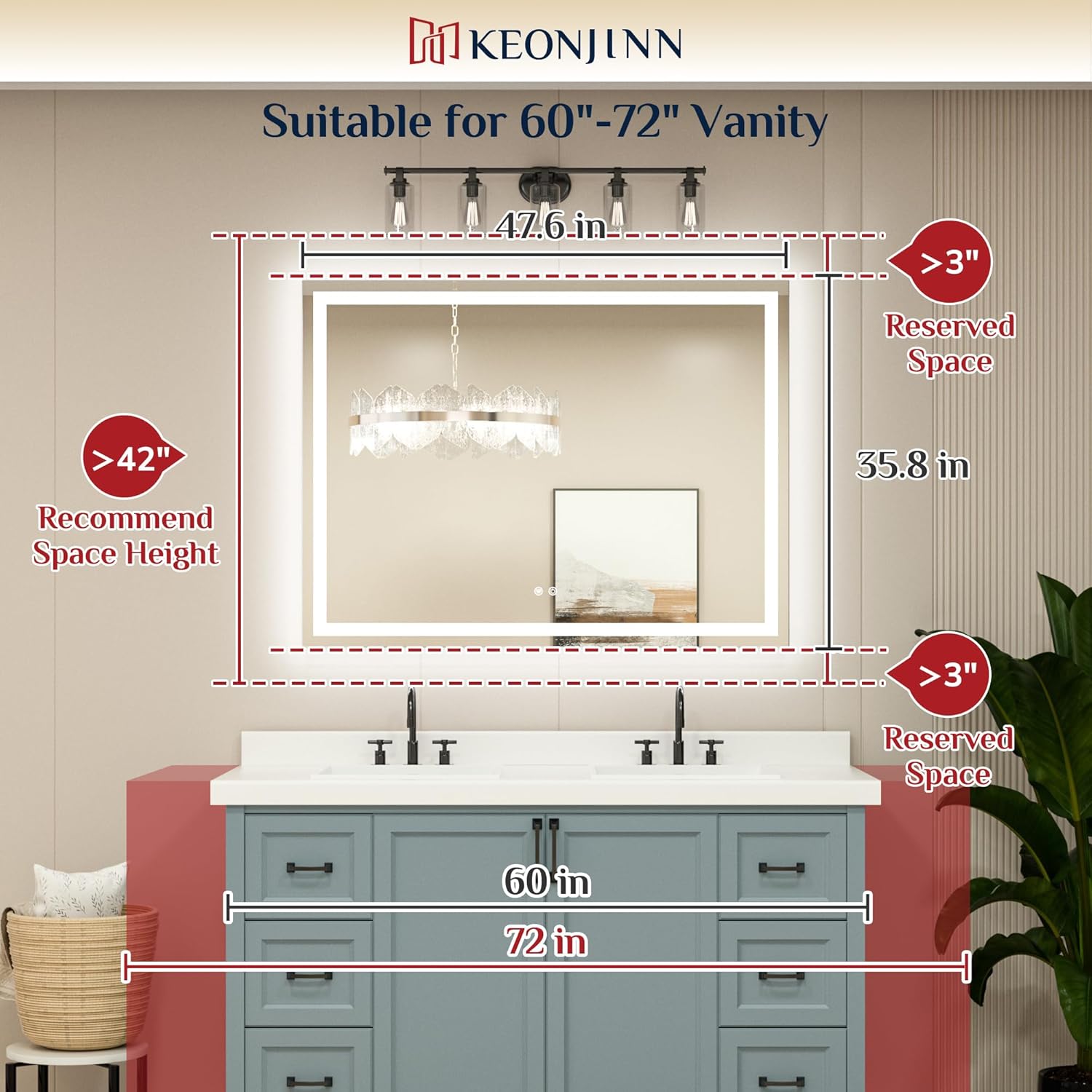 Keonjinn 48" x 36" Lighted Mirror for Bathroom Wall, LED Mirror with Frontlit & Backlit, Bathroom Mirror with Lights, Dimmable 3-Color Lights, HD Tempered Glass, UL-Listed LED Driver