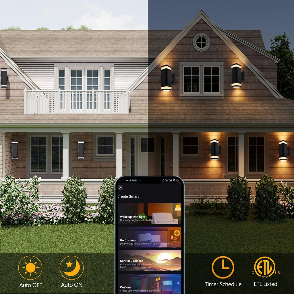 Smart WiFi Outdoor Wall Sconce Lights 2 Pack,Porch Lights RGB Color Changing App Control, Dimmable White Range of 2700K-6500K Up Down Exterior Wall Lights for House,Works with Alexa Google Assistant