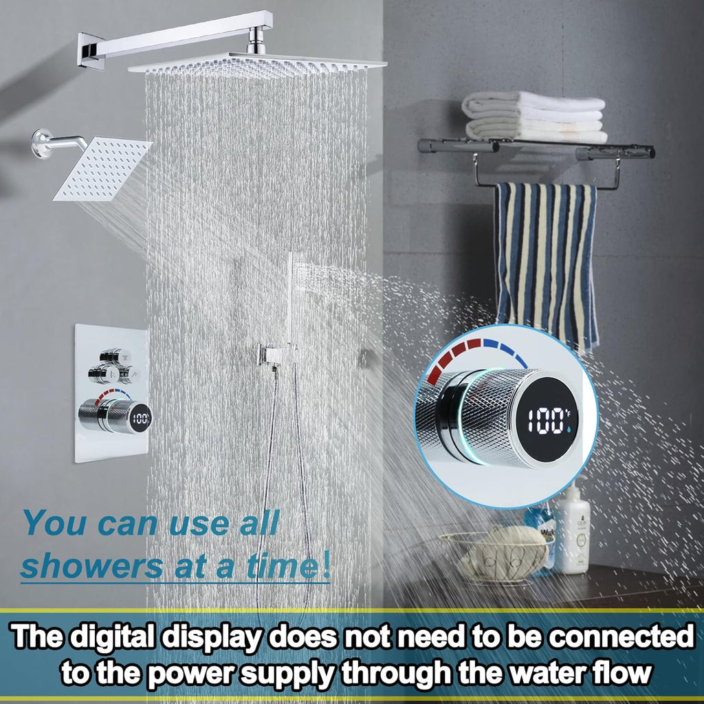 Digital Display Dual Head Shower system Rain Shower System Shower Wall Mount 10 Inch Ceiling Shower Head with 6 Inch Shower Head with shower handheld(Polished Chrome)