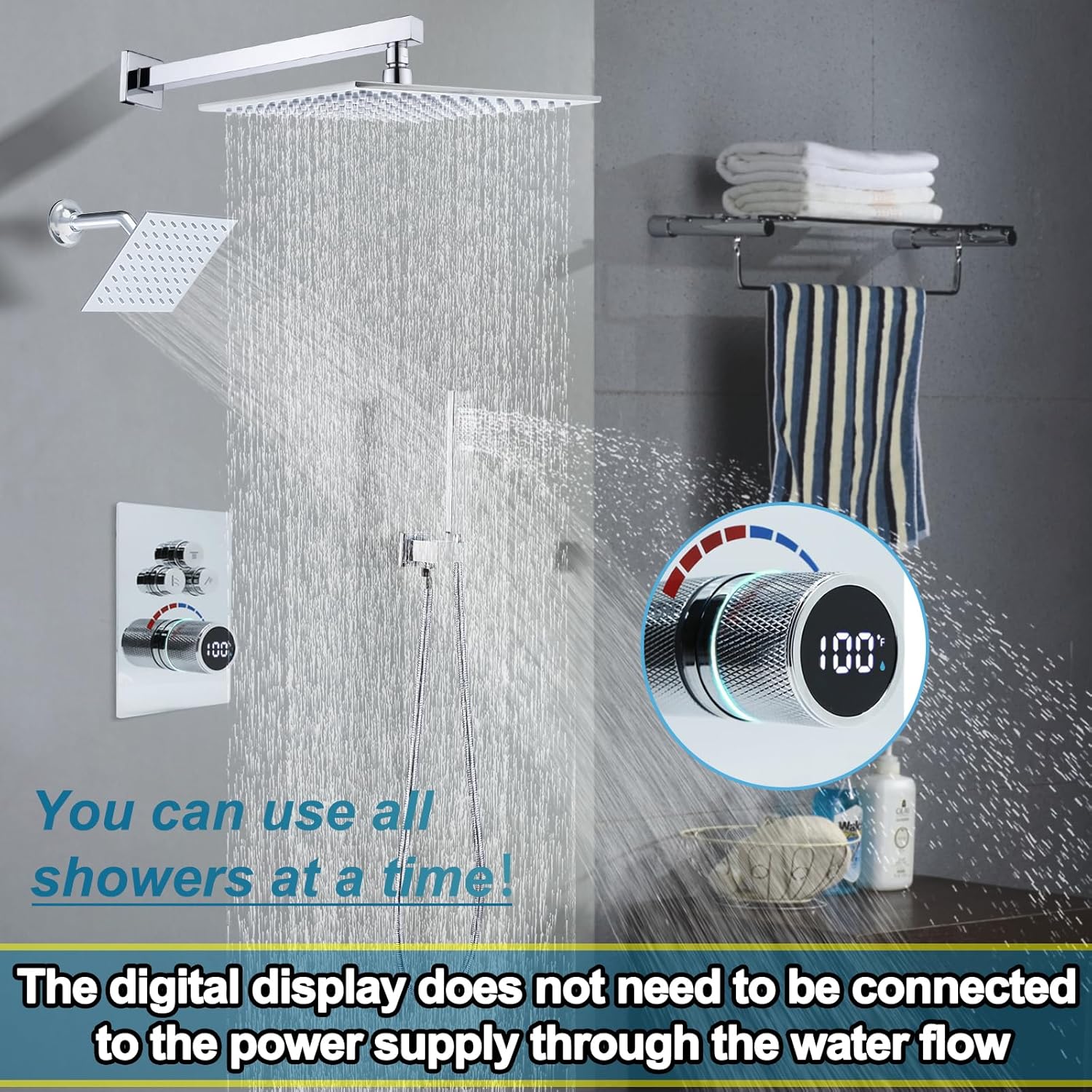 Digital Display Dual Head Shower system Rain Shower System Shower Wall Mount 10 Inch Ceiling Shower Head with 6 Inch Shower Head with shower handheld(Polished Chrome)