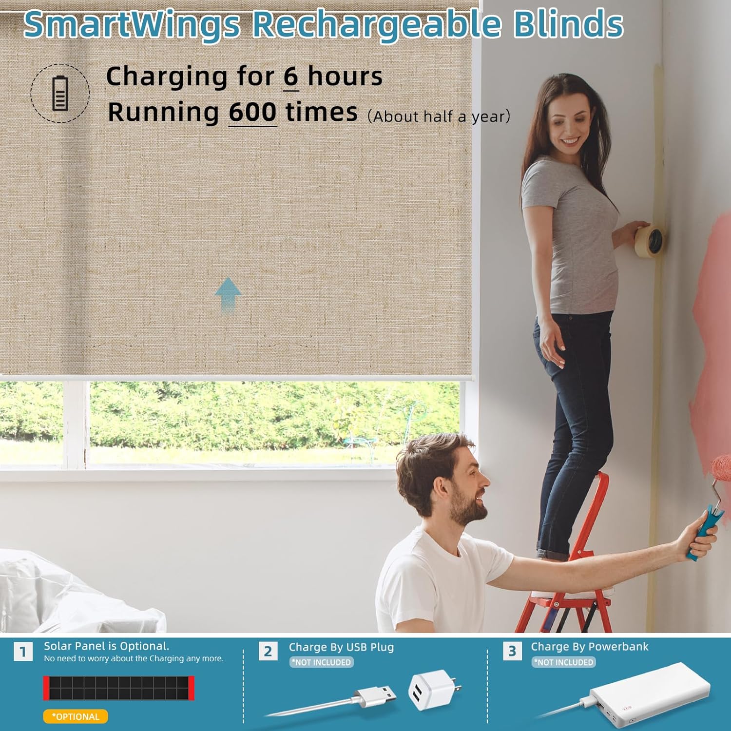 SmartWings Motorized Smart Blinds for Windows in Light Filtering, Electric Remote Roller Shades Compatible with Alexa/Google Home/Homekit, Custom Up to 110”W x 148”H, Linen Translucent Caramel