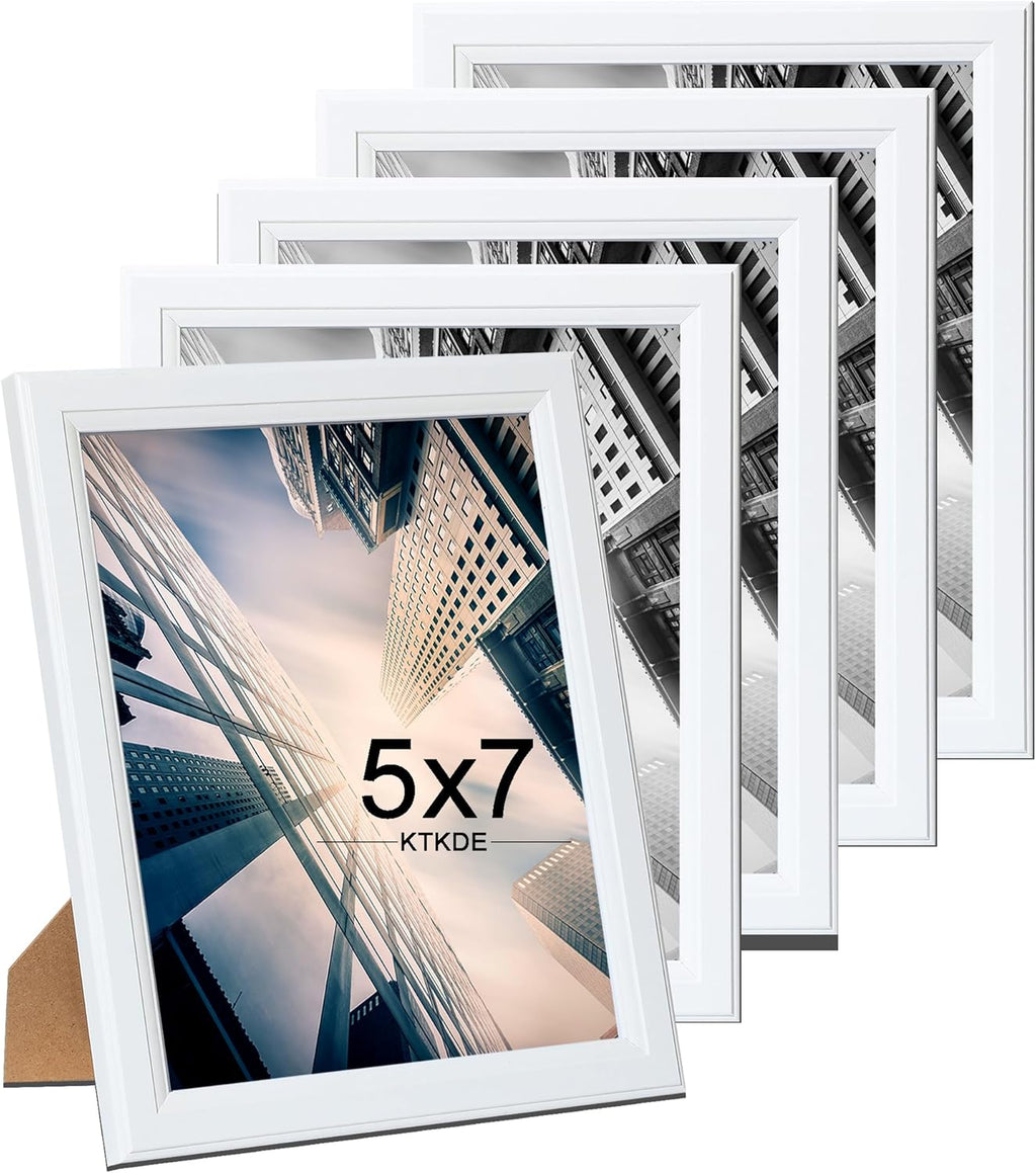 KTKDE 5x7 Picture Frame Set of 5,White Wooden frames, Vertical & Horizontal Wall Hanging for Wall or Tapletop Display,Studio Gallery Photo Frame for Photos, Posters & Art Prints