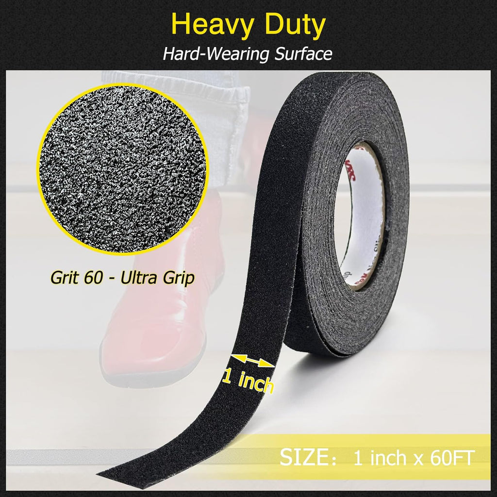 S&X Anti Slip Tape 1 Inch x 60 FT Roll, Black, Grit 60, Extended Length Non-Slip Skid Grip Tape for Outdoor Stair Treads, Wooden Steps & Exterior Grips – Waterproof, Long-Lasting Tread Strips