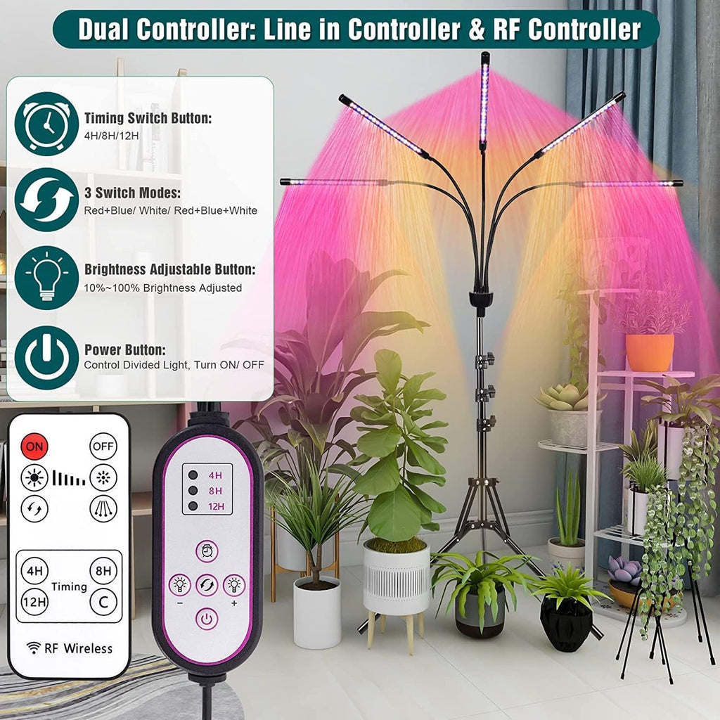 Grow Lights for Indoor Plants,5 Heads Red Blue White Full Spectrum Plant Light with 15-60" Adjustable Tripod Stand, Indoor Grow Lamp with Remote Control and Auto On/Off Timer Function