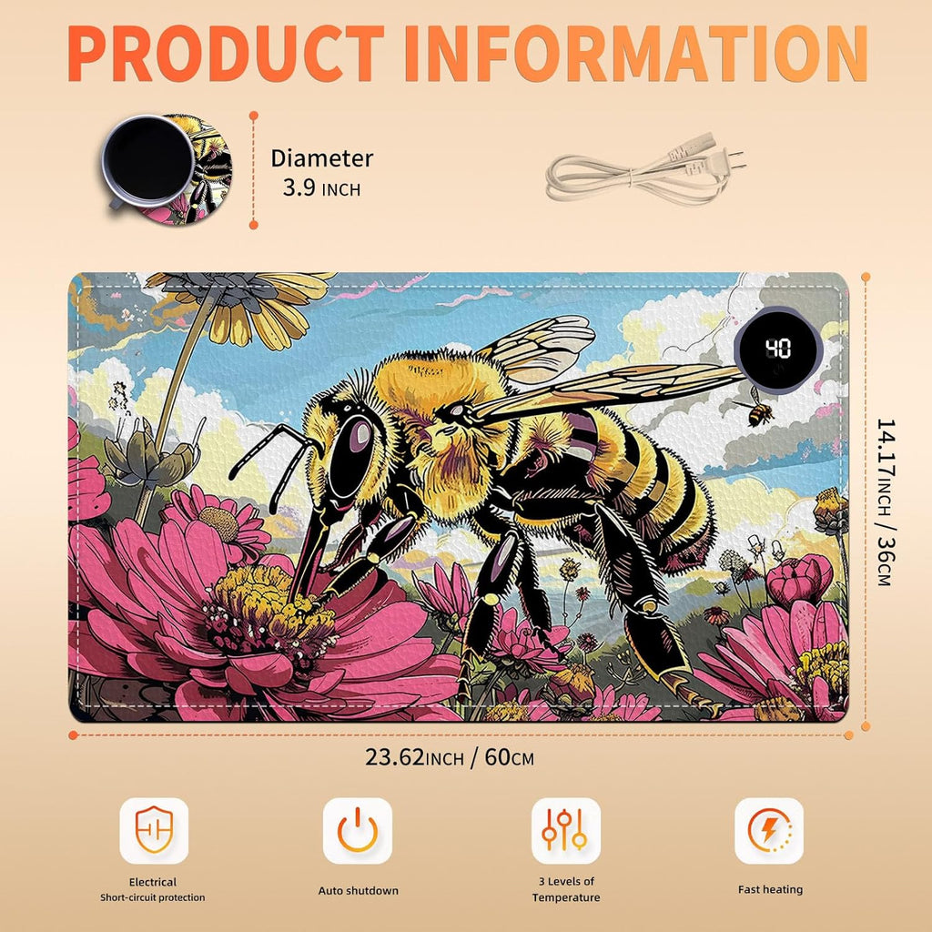 Heated Mouse Pad, Warm Desk Pad, Keyboard Mat 23.6 x 14 Inch Large Size Intelligent Fast Heating, 3 Speed Adjustable, Timed Auto Power Off for Game Office Home, Bees Collect Honey