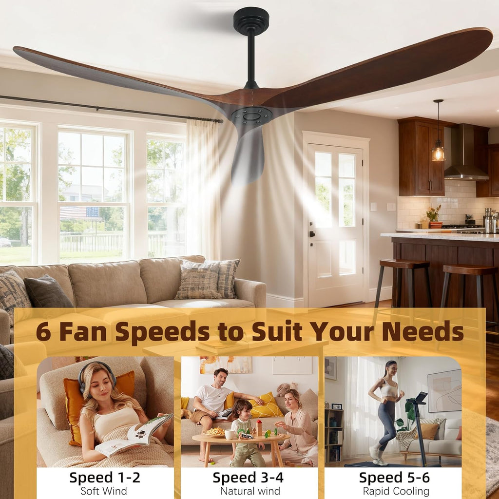 Ceiling Fan Without Light, 72 Inch Smart Wood Ceiling Fan no Lights, Compatible with Alexa/Google, 3 Natural Walnut Blades, Remote, Quiet Reversible DC Motor for Indoor Outdoor