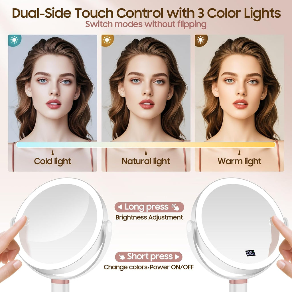 Makeup Magnifying Mirror with Light 30X/1X, Digital Display, 2-Sided Touch Control, Makeup Mirror with 3 Color Lights,360° Rotate, Height Adjustable Lighted Magnifying Mirrors for Desk Travel