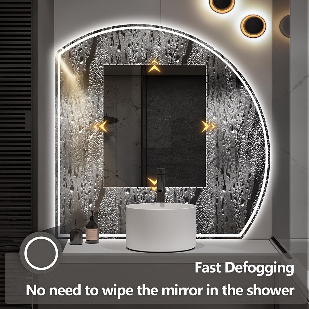 Niccy Half Moon Led Mirror for Bathroom, 32" Semi Round Backlit Mirror for Wall Lighted Mirror with Frameless 3 Color, Defogger, Explosion-Proof, HD Glass and IP65 Vanity Mirror