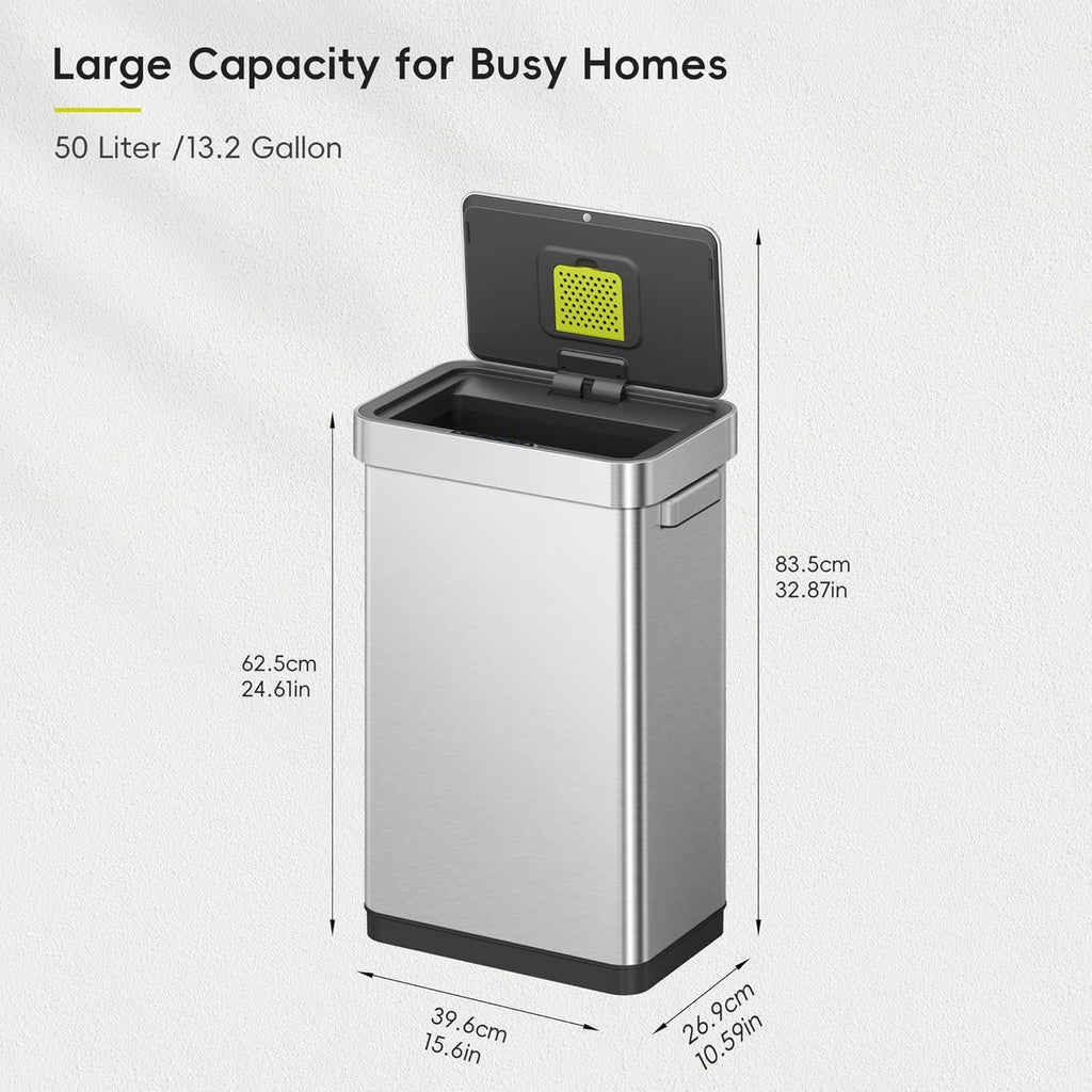 EKO Deluxe Mirage-T 50 Liter / 13.2 Gallon Touchless Rectangular Motion Sensor Trash Can, Matte Stainless Steel Finish
