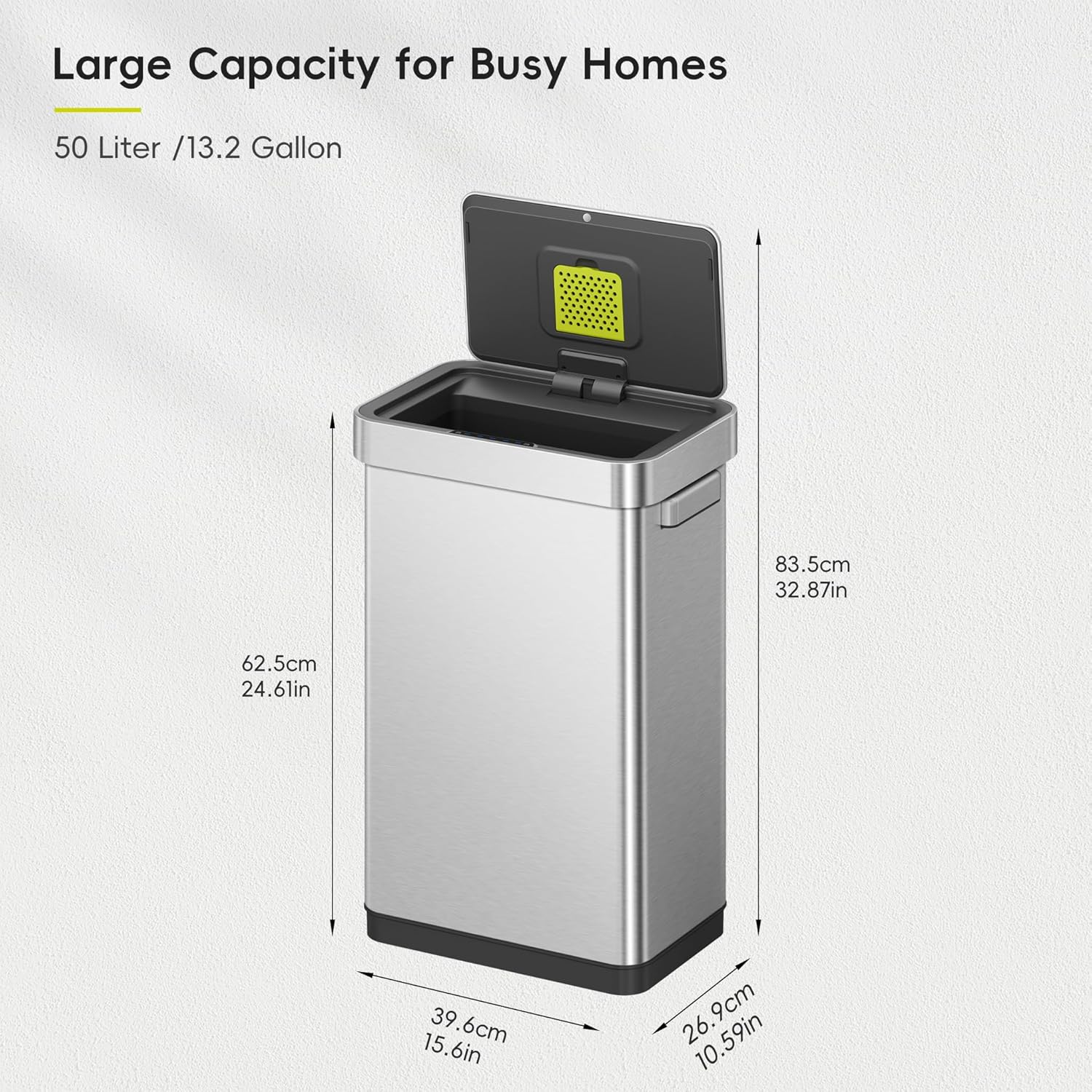 EKO Deluxe Mirage-T 50 Liter / 13.2 Gallon Touchless Rectangular Motion Sensor Trash Can, Matte Stainless Steel Finish