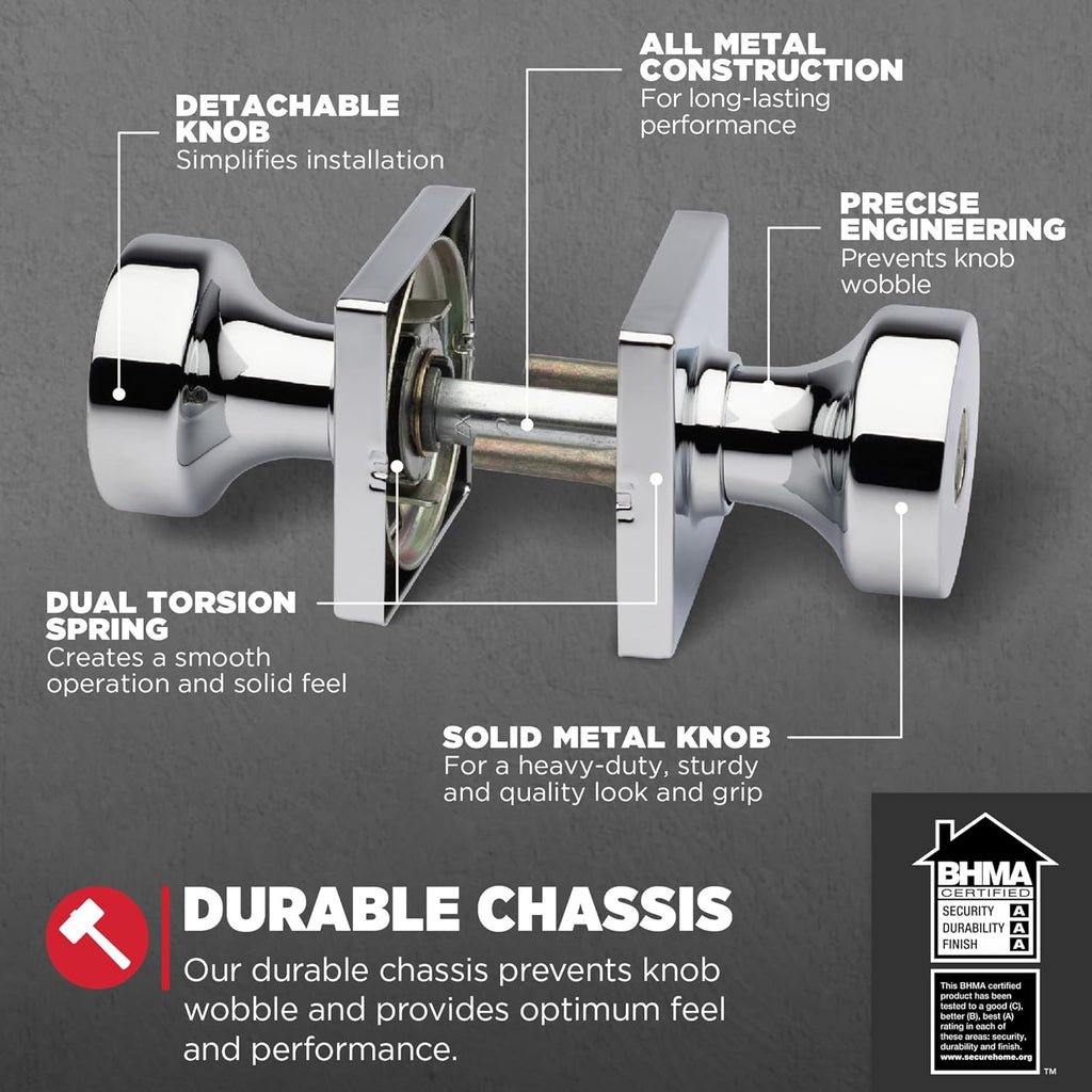 Kwikset Pismo Entry Door Knob with Lock and Key, Secure Keyed Handle Exterior, Front Entrance and Bedroom, Polished Chrome, 4 Pack, Pick Resistant SmartKey Rekey Security