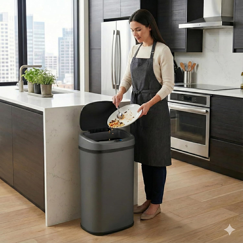 SensorCan 13 Gallon Automatic Sensor Trash Can with Lid, AC Adapter Included, AbsorbX Odor Control, Gunmetal Gray Stainless Steel Kitchen Garbage Bin, Fingerprint-Proof, Hands-Free Operation, Oval
